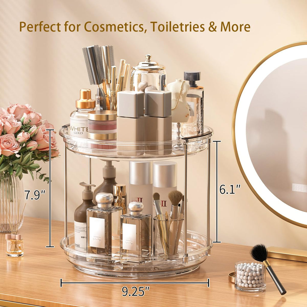 KEGFRES Lazy Susan 2 Tier Organizer Turntable Organization for Cabinet, Rotating Spice Rack Kitchen,Pantry, Bathroom,Makeup Vanity Countertop, Under Sink Organizing(Clear, 9.25in-1Pack)