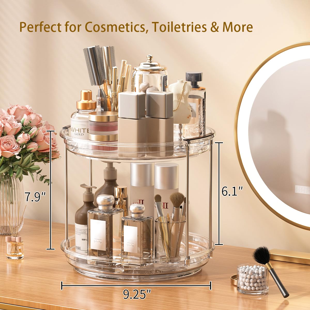 KEGFRES Lazy Susan 2 Tier Organizer Turntable Organization for Cabinet, Rotating Spice Rack Kitchen,Pantry, Bathroom,Makeup Vanity Countertop, Under Sink Organizing(Clear, 9.25in-1Pack)