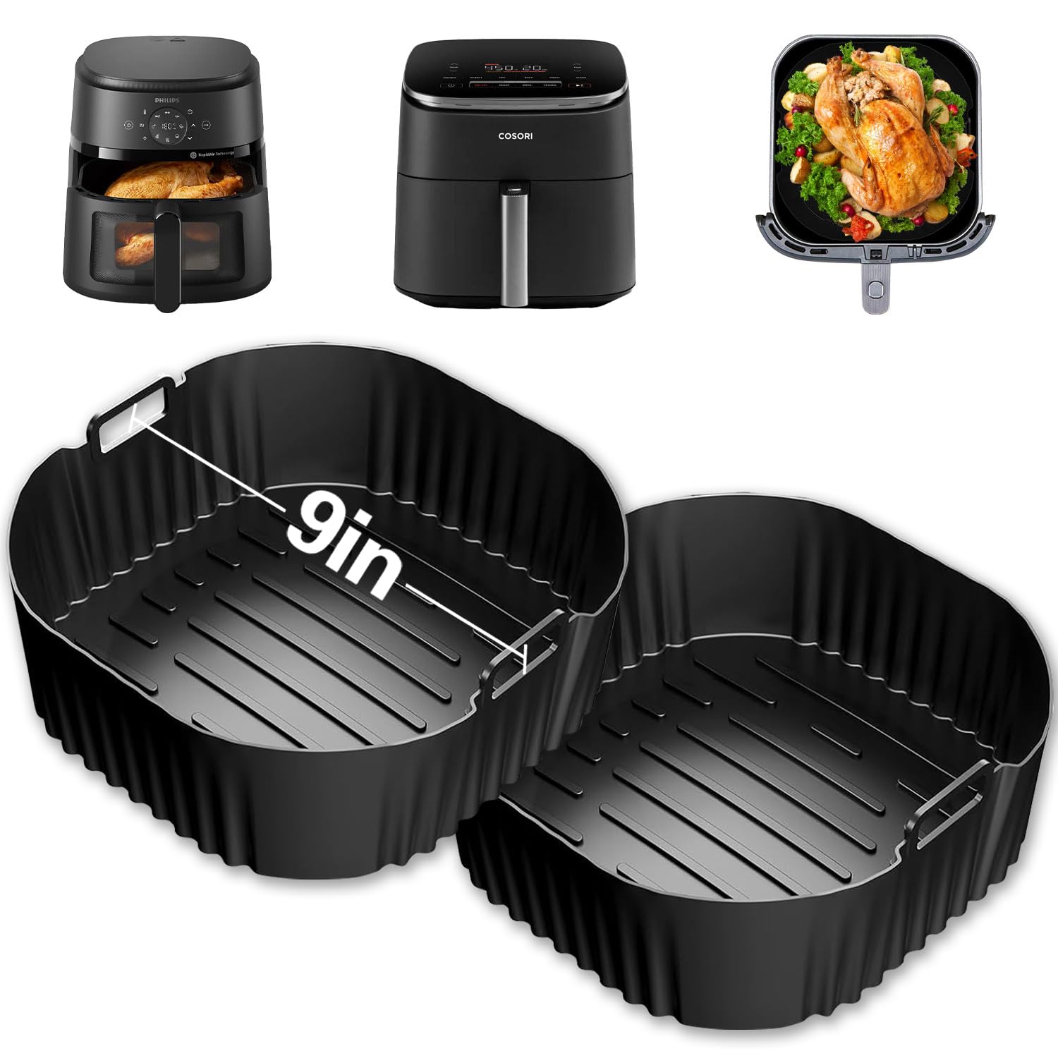Silicone Air Fryer Liner, 2 PCS 9 Inch Square Air Fryer Basket Liners,Silicone Tray, Air Fryer Inserts for 6 to 9 QT, Reusable Air Fryer Accessories for Cosori Philips Ninja Oven Microwave