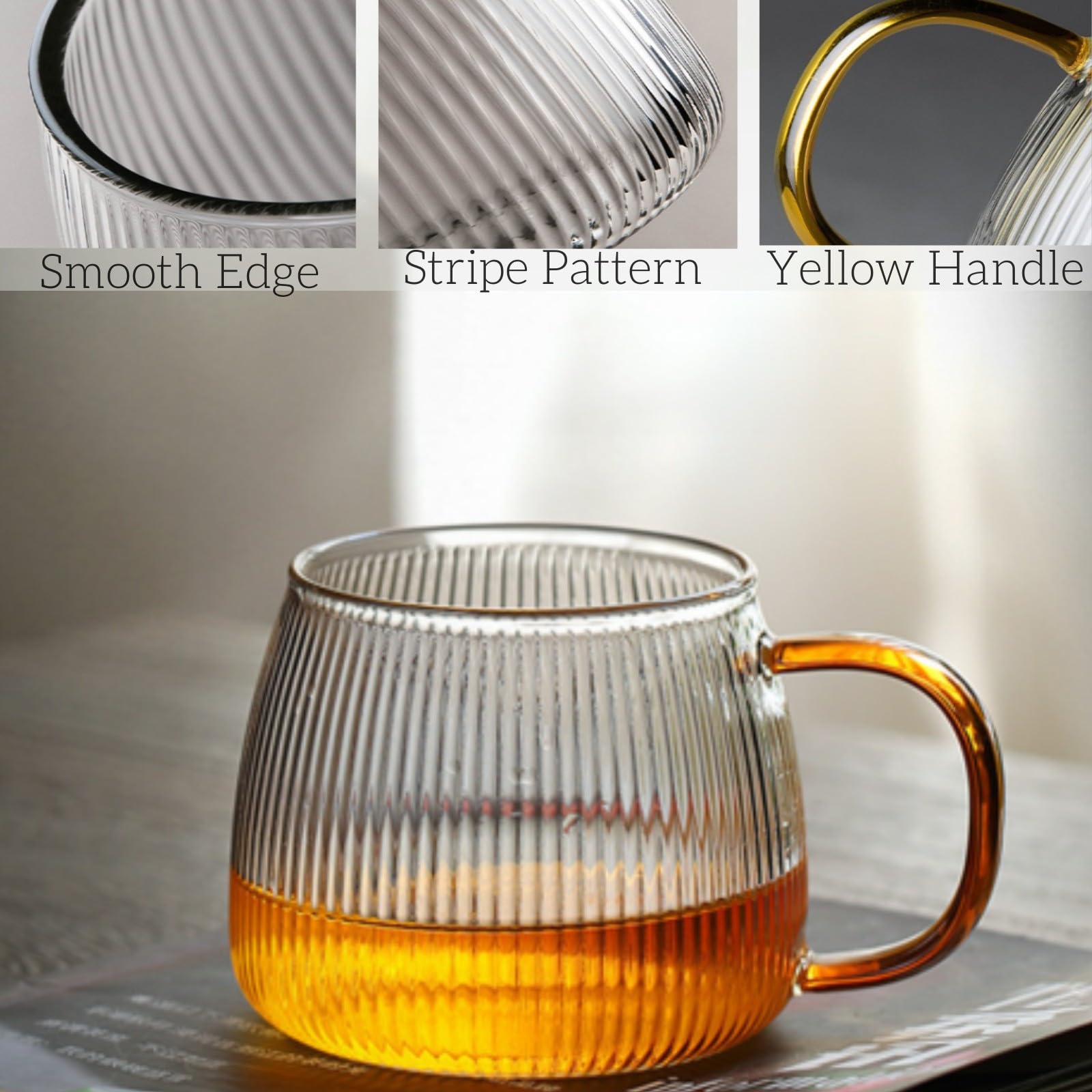 AVLA 6 Pack Glass Coffee Mugs, 16 OZ Unique Vertical Stripes Coffee Cup, Clear Large Tea Glasses with Handles, Vintage Transparent Glassware for Hot/Cold Beverages, Cappuccino, Latte, Espresso, Juice