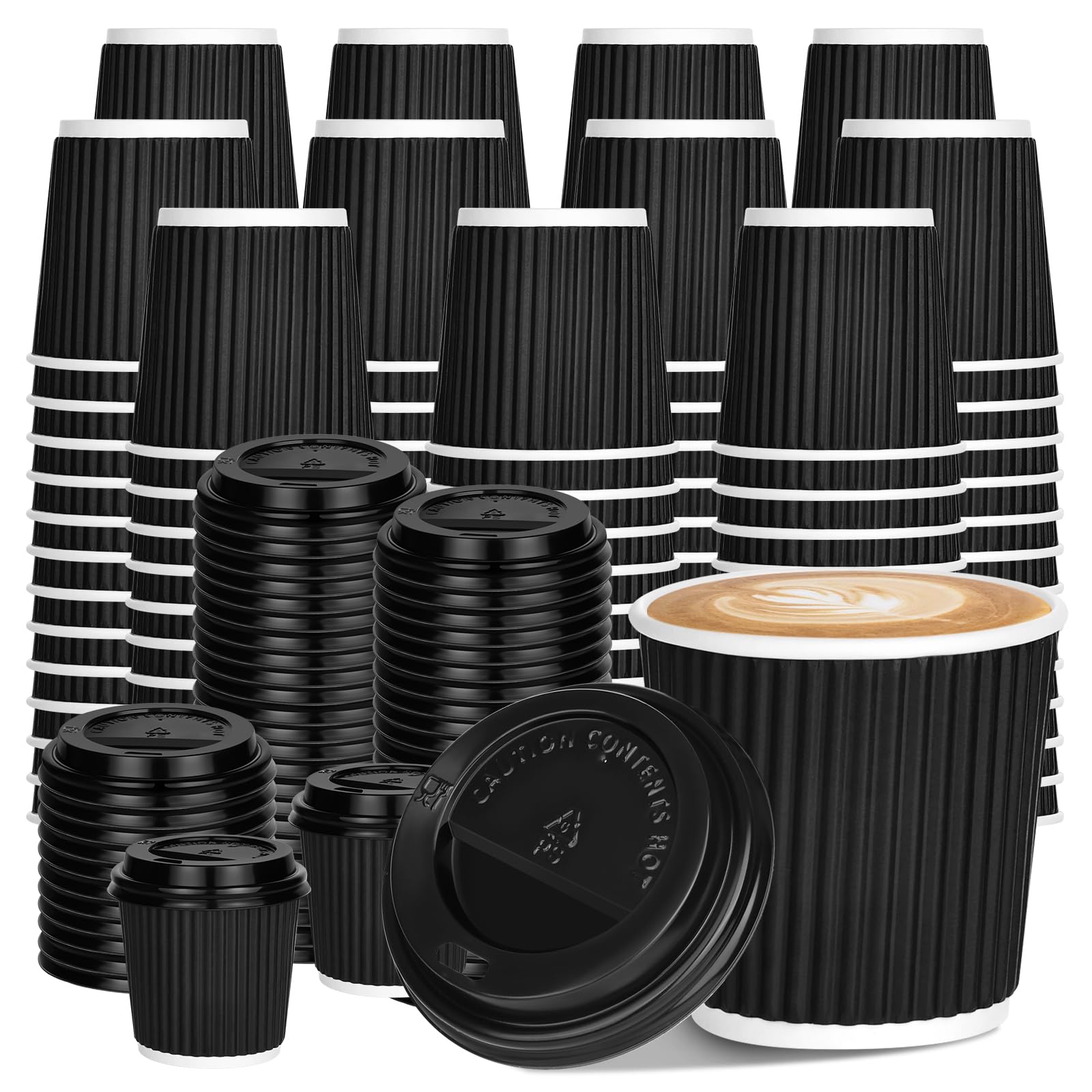 100 4oz Disposable Espresso Cups with Lids Ripple Corrugated Paper Disposable Coffee Cups Cups for Hot Chocolate, Tea, and Cocoa Drinks (Black)