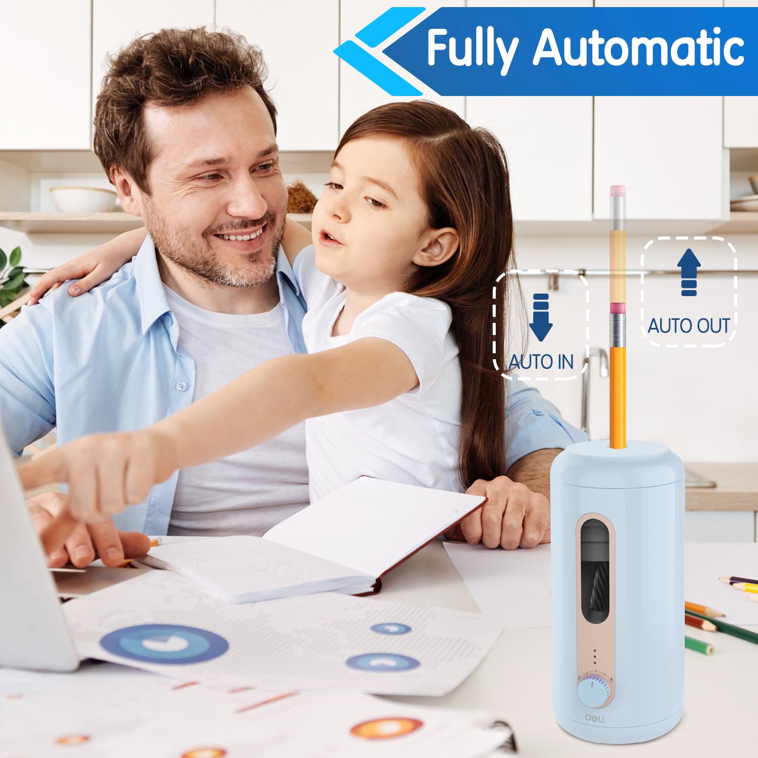 Deli Electric Pencil Sharpener, Fully Automatic Pencil Sharpener, Auto in & Out, Rechargeable Hands-Free Pencil Sharpener for 6.9-12mm, Home, Classroom, Battery Operated, Blue