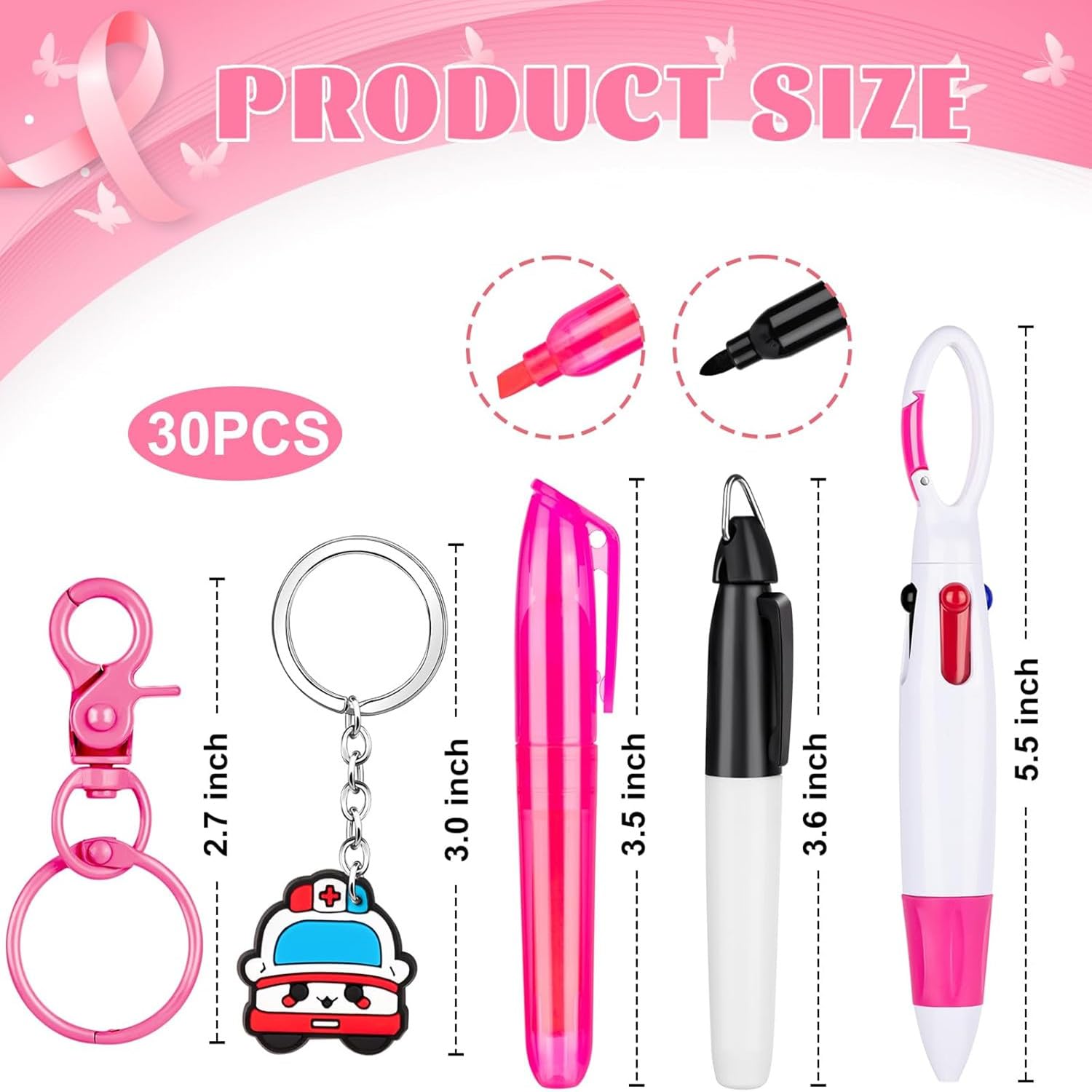 Mini Highlighter Nurse Pens for Badge Reel Pen Include 6 Tip Highlighter 6 Permanent Marker Pen and 6 Retractable Ball Pen with 6 Nursing Keychain Clip Christmas Gift (30pcs)