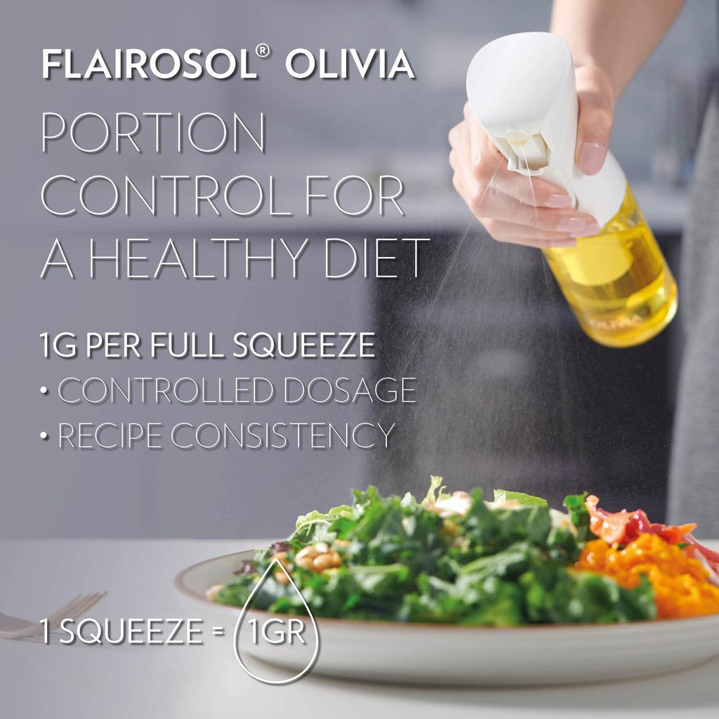 FLAIROSOL OLIVIA. The Original, Oil Sprayer for Cooking, 130ml Olive Oil Mister Spray Bottle, Continuous Spray Bottle for Kitchen, Cooking, Baking, Salad, BBQ (Glass Bottle, White Print)