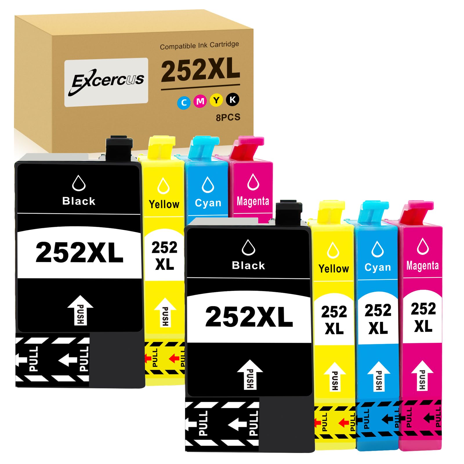 EXCERCUS 252XL Ink Cartridges Remanufactured for Epson 252XL T252 Ink Cartridge Work for WorkforceWF-7720 WF-3640 WF-7710 WF-3620 WF-7210 WF-7610 WF-7620 (2 Large Black, 2Cyan,2Magenta, 2Yellow)