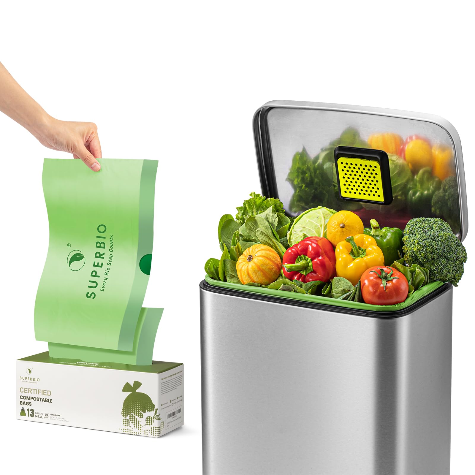 SUPERBIO Compostable Drawstring Kitchen Waste Bag, 49.2 L, 30 Count,1 Mil, Heavy Duty Food Scrap Bags, BPI, Seedling and OK compost INDUSTRIAL