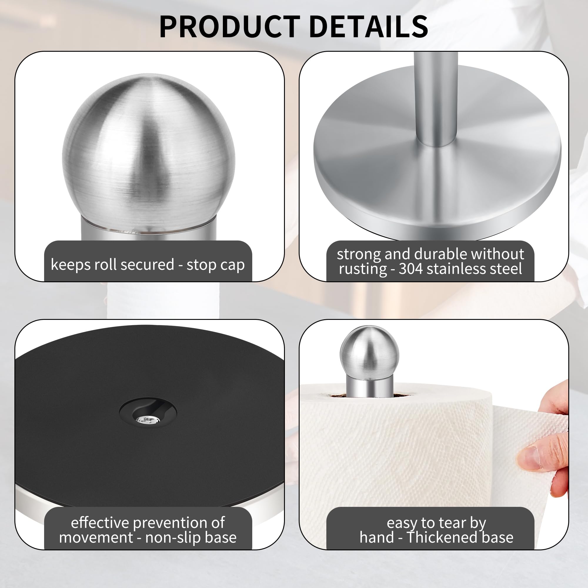 Paper Towel Holder Countertop, Paper Towel Holder with Solid Weighted Base, for Standard and Large Size Rolls (Silver)