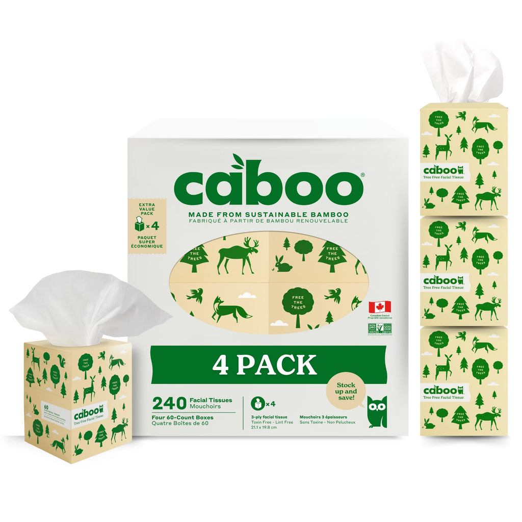 Caboo Tree Free Facial Tissues, 3 Ply Natural Tissue Paper, Pack of 4, Hypoallergenic Tissue Boxes, 60 Tissues Per Box, 240 Total Tissues