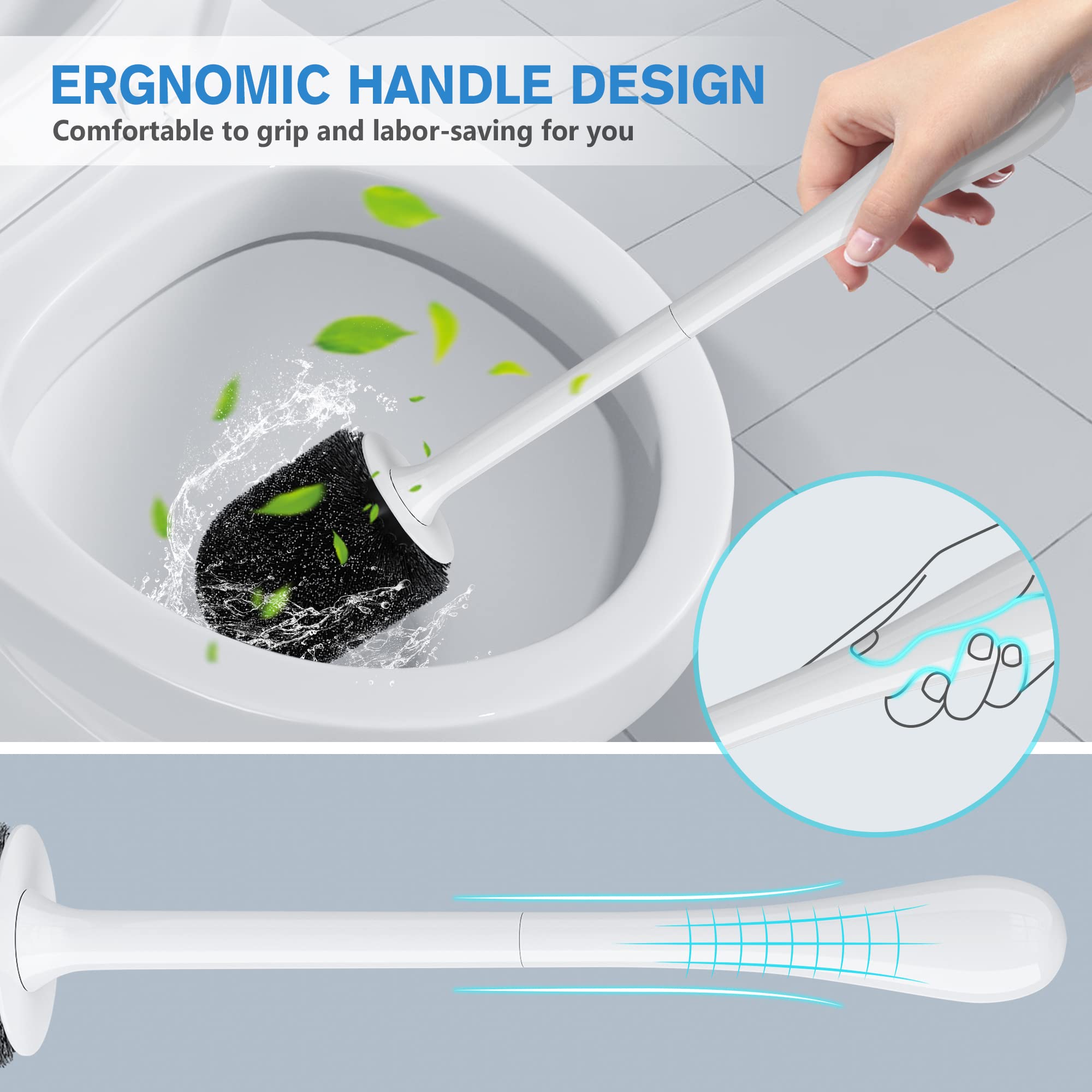 Toilet Brush 2 Pack, Toilet Bowl Brush with Ventilated Holder and Ergonomic Long Handle, Durable Bristles Toilet Scrubber Set for Bathroom Cleaning(White)