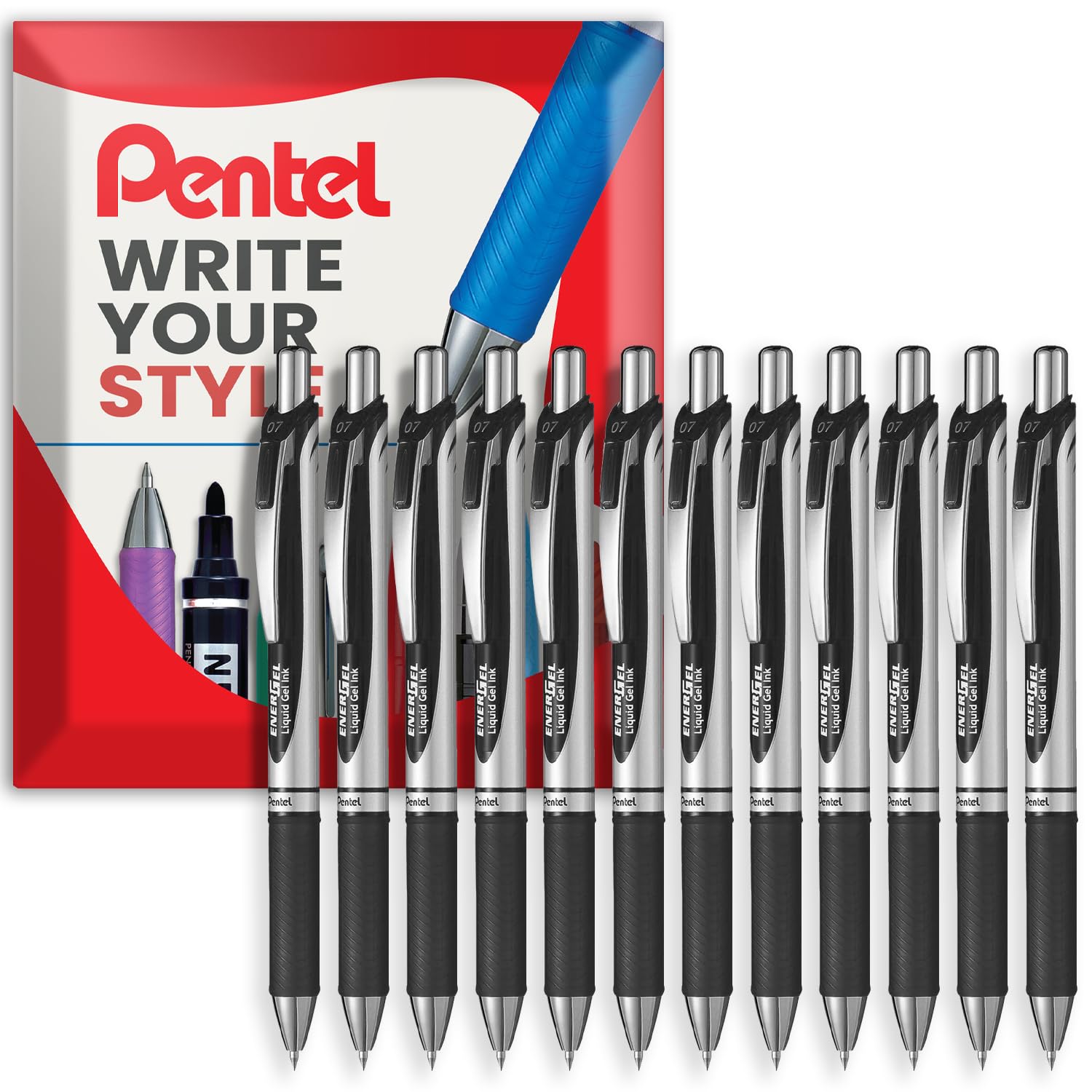 Pentel EnerGel XM BL77 - Retractable Liquid Gel Ink Pen - 0.7mm - 54% Recycled - Black Ink - Pack of 12 in Wallet