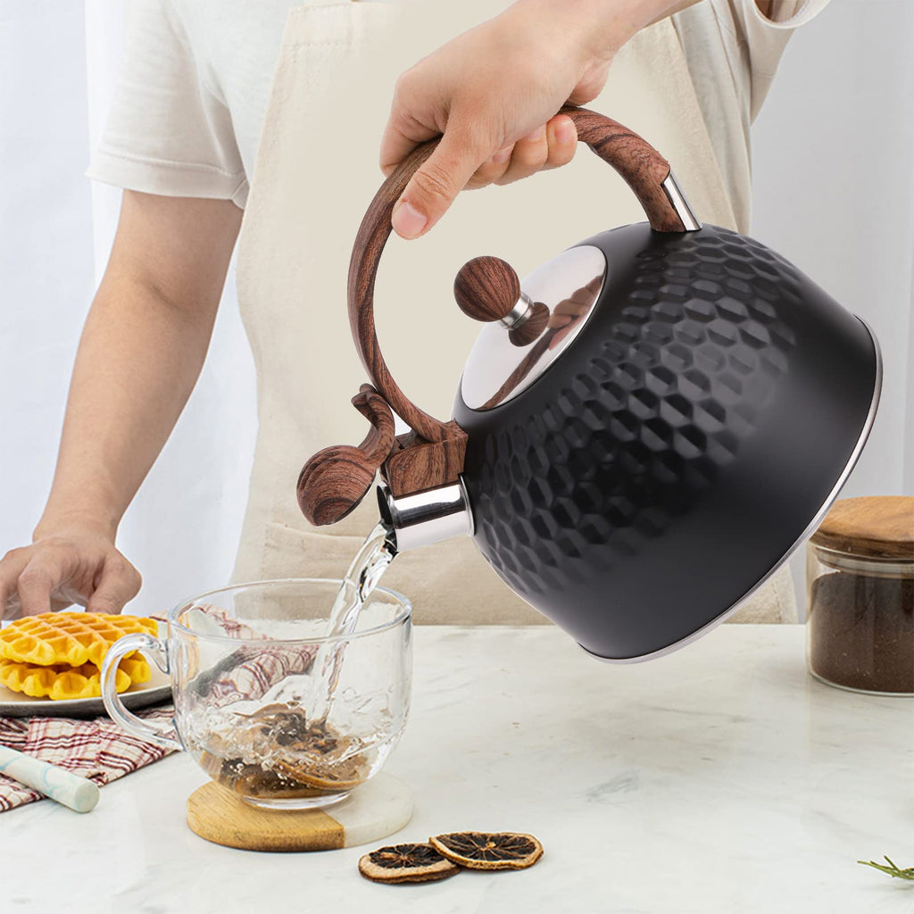 Lawei 2.5 Quart Whistling Tea Kettle with Wood Grain Anti Heat Handle, Stainless Steel Tea Kettles Food Grade Teapot for Stove Top Gas Electric Applicable