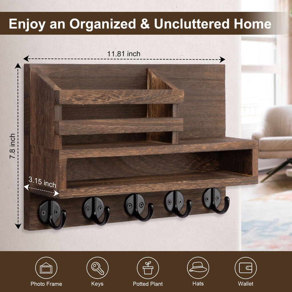 Lucundm Key and Mail Holder Wall Mount, Key Hanger with Long Storage Box and 5 Hooks for Coat, Dog Leash, Home Decor Rack, House Accessories, Entry Way Organizer 11.8”W x 7.8”H x 3.2”D