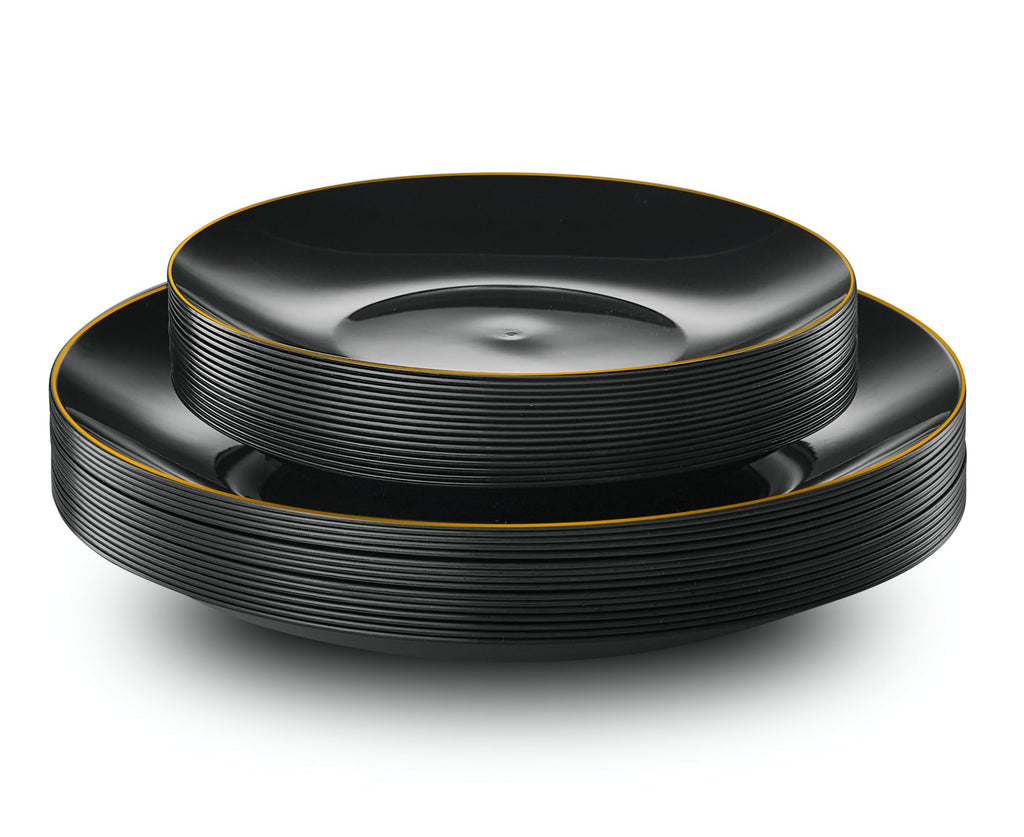PLASTICPRO 32 Piece Combo Plate Set includes 16-7'' inch Plates & 16-10'' inch Dinner Plate Black Plastic With Gold Rim Design Party Plates, Premium heavyweight Elegant, Disposable