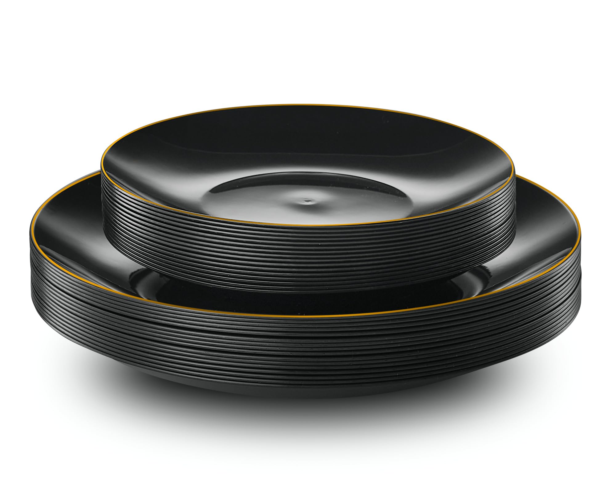 PLASTICPRO 32 Piece Combo Plate Set includes 16-7'' inch Plates & 16-10'' inch Dinner Plate Black Plastic With Gold Rim Design Party Plates, Premium heavyweight Elegant, Disposable