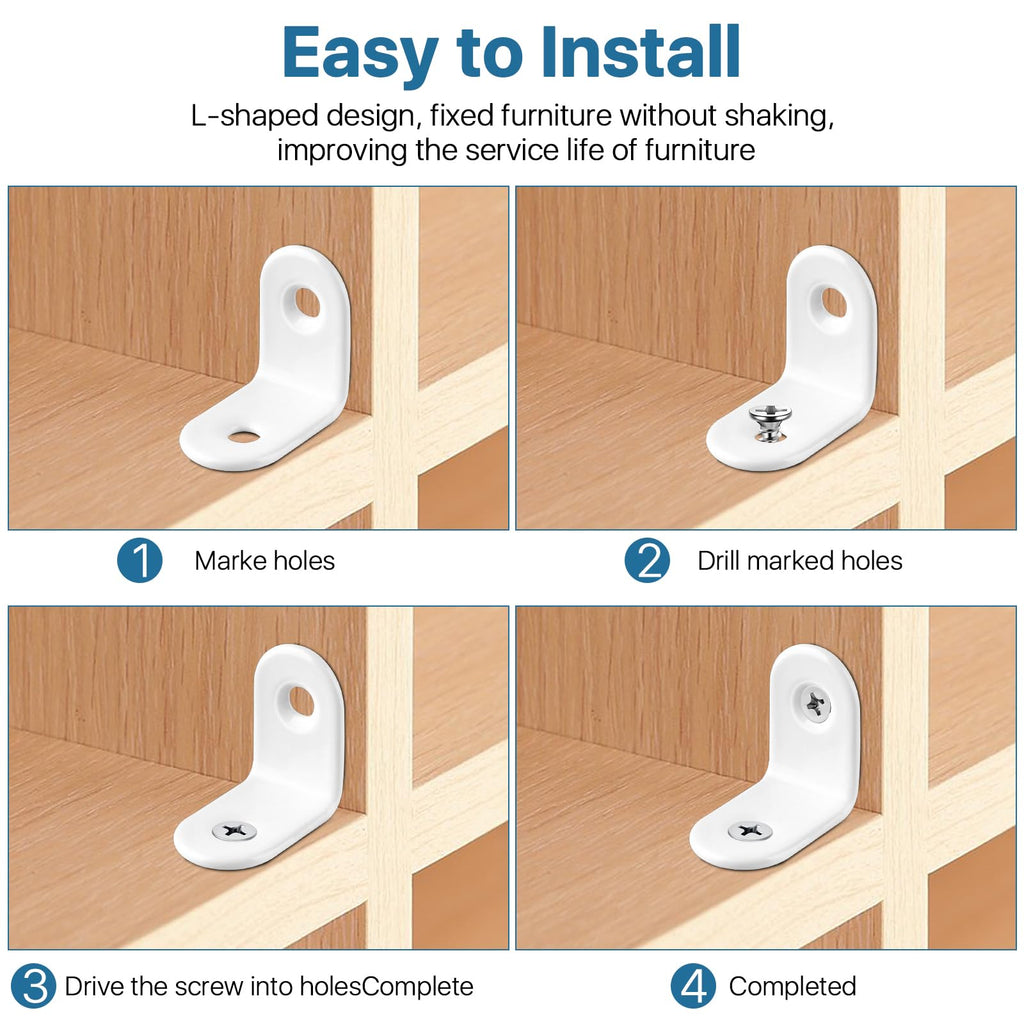 Worldity 50 Pcs L Bracket Corner Brace, 25 mm x 25 mm Stainless Steel L Brackets for Shelves, 90 Degree Right Angle L Brackets for Wood, White Corner Braces with Screws for Furniture Cabinet Shelves