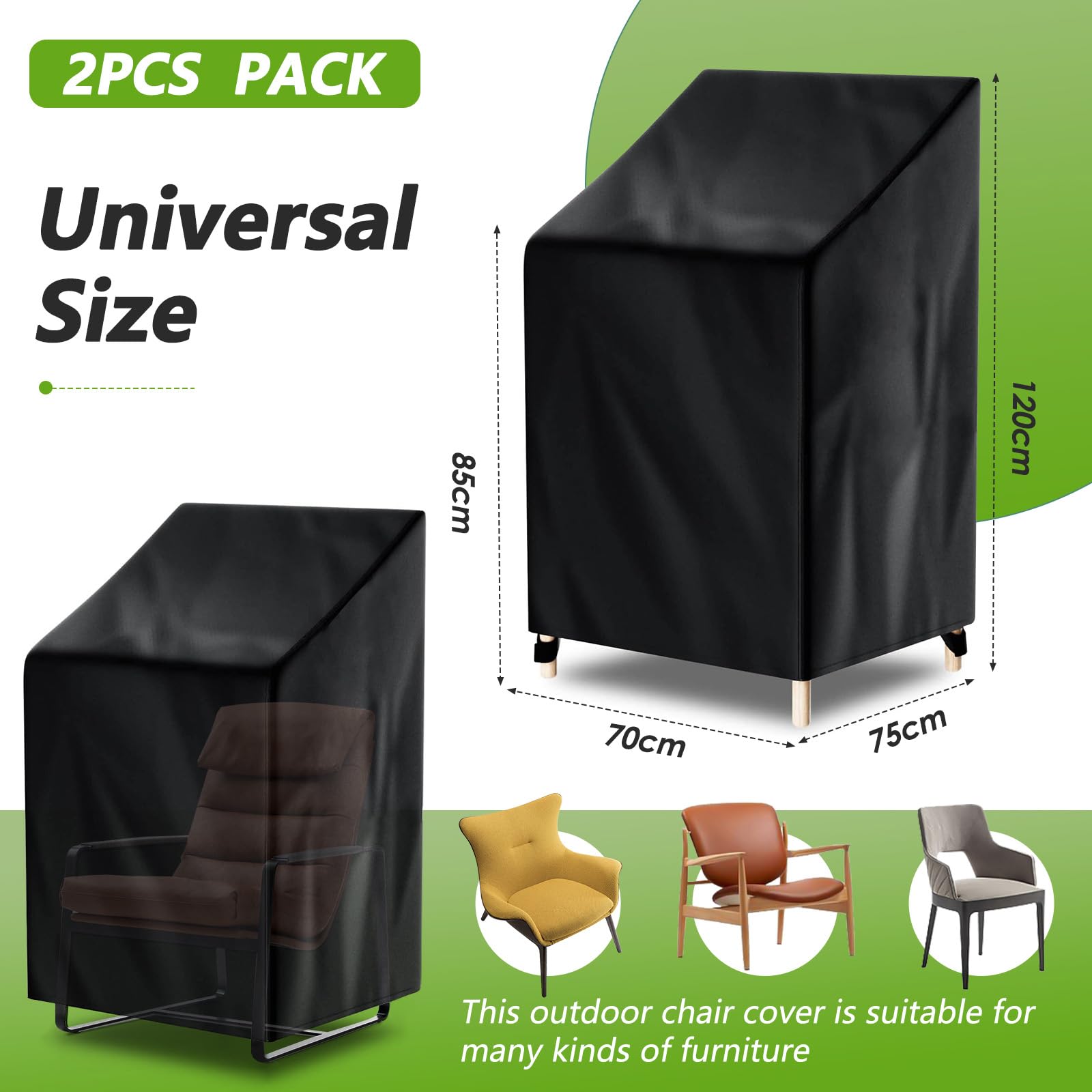 Pektiftn Outdoor Patio Chair Covers waterproof for Stackable Chairs, 100% Waterproof Anti-UV Dustproof All Weather Protection, Garden Lawn Patio Furniture Covers (Black, 2PCS, 28" W x 30" D x 47" H)
