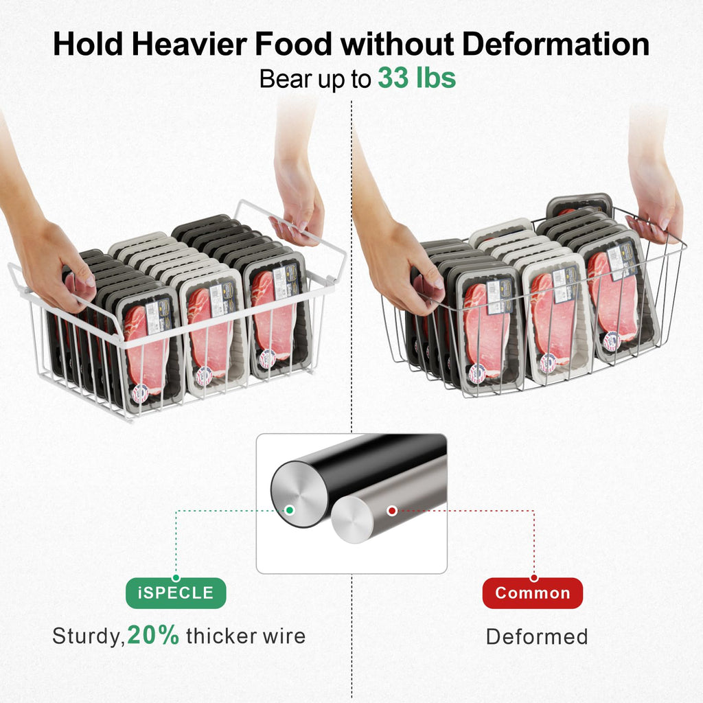 iSPECLE Freezer Organizer Bins- 4 Pack Stackable Freezer Baskets for 5 Cu.Ft Deep Freezer Sort Frozen Foods Chest Freezer Organizer with Handles Easily Get Food and Add Storage Space, White