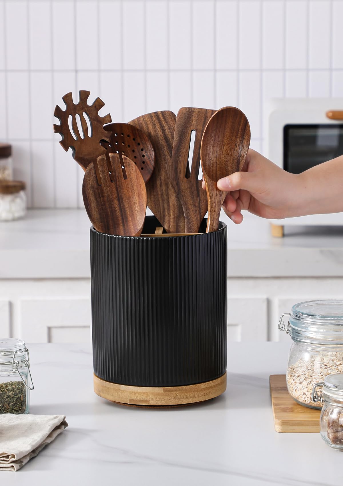 LoeJan 3 Compartment Utensil Holder, 7.2" Extra Large Utensil Crock, Stable Ceramic Utensil Organizer, Cooking Tool Organizer Set for Kitchen Counter Farmhouse Décor