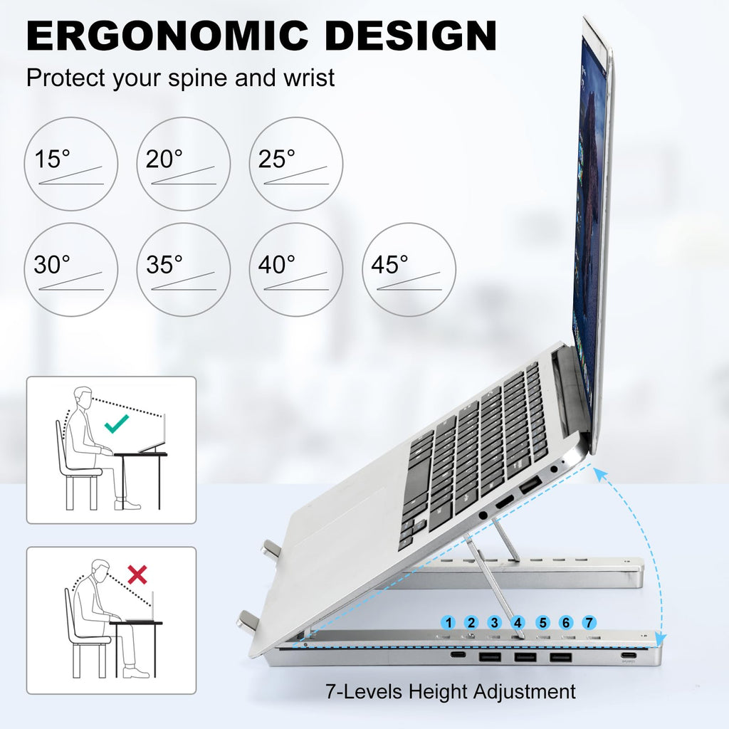 Laptop Stand with USB、Type C and RGB Lights, Aluminum Adjustable Foldable Laptop Stand for Desk, Ergonomic Portable Laptop Riser Holder Compatible with Laptops and iPad 10-15.6", Silver