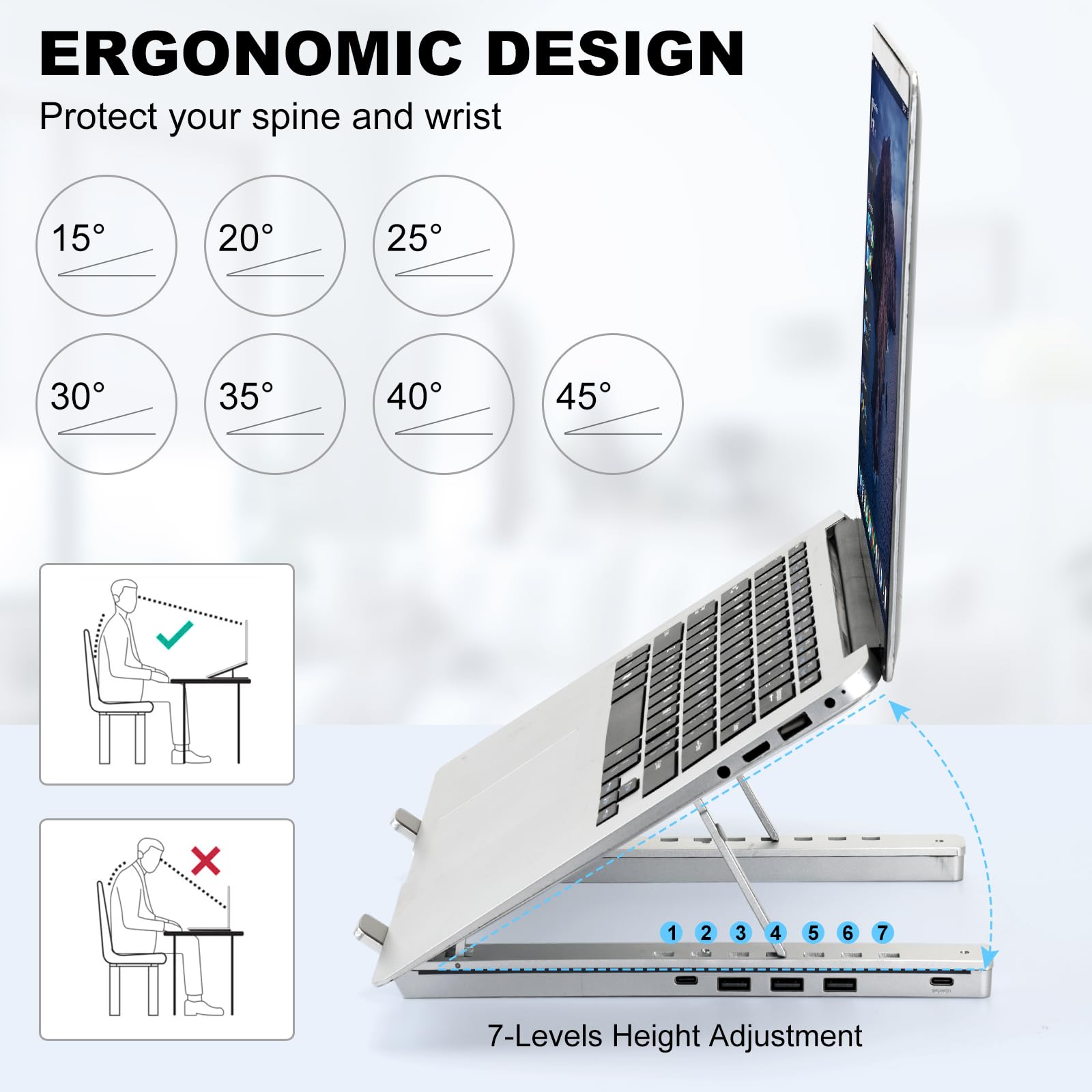 Laptop Stand with USB、Type C and RGB Lights, Aluminum Adjustable Foldable Laptop Stand for Desk, Ergonomic Portable Laptop Riser Holder Compatible with Laptops and iPad 10-15.6", Silver
