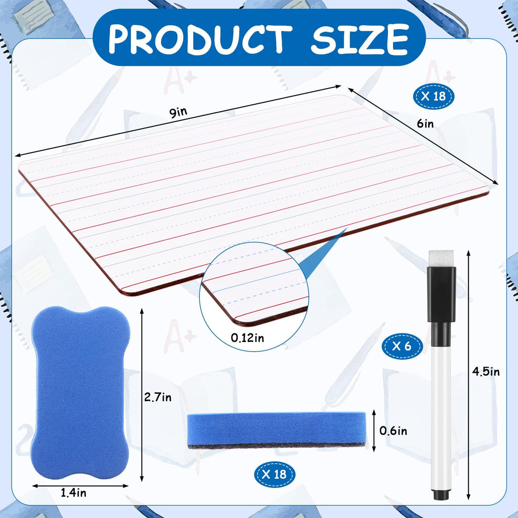 18 Pack Dry Erase Lapboards with Lines 6 x 9 inch Double Sided White Boards with 18 Black Markers 6 Erasers Small White Dry Erase Boards for Learners Teacher Office Supplies Home Group Activities