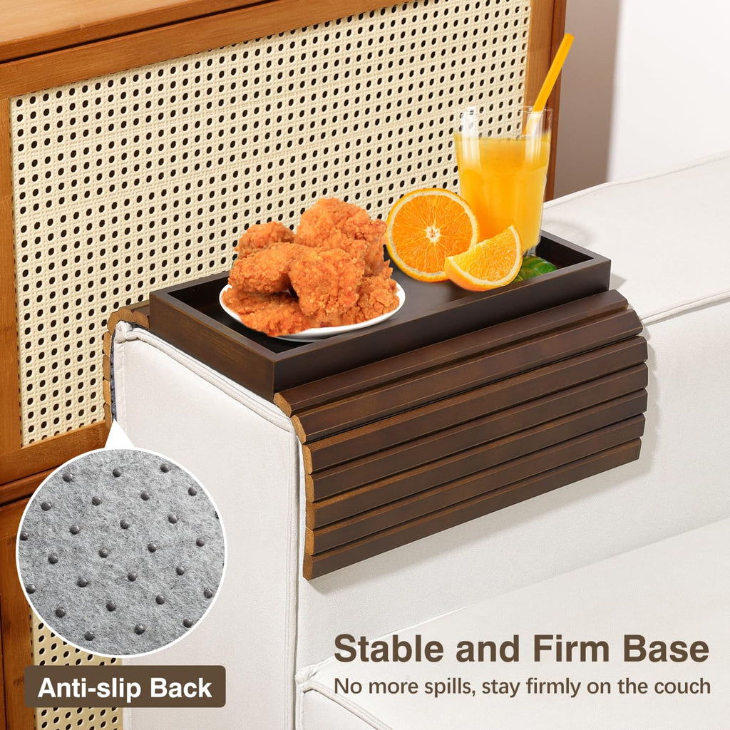 Kssiaz Couch Arm Tray, Bamboo Sofa Tray Table, Sofa Armrest Table, Anti-Slip Armrest Organizer, Foldable Couch Cup Holder for Snacks, Phone, Control, Cups, Brown