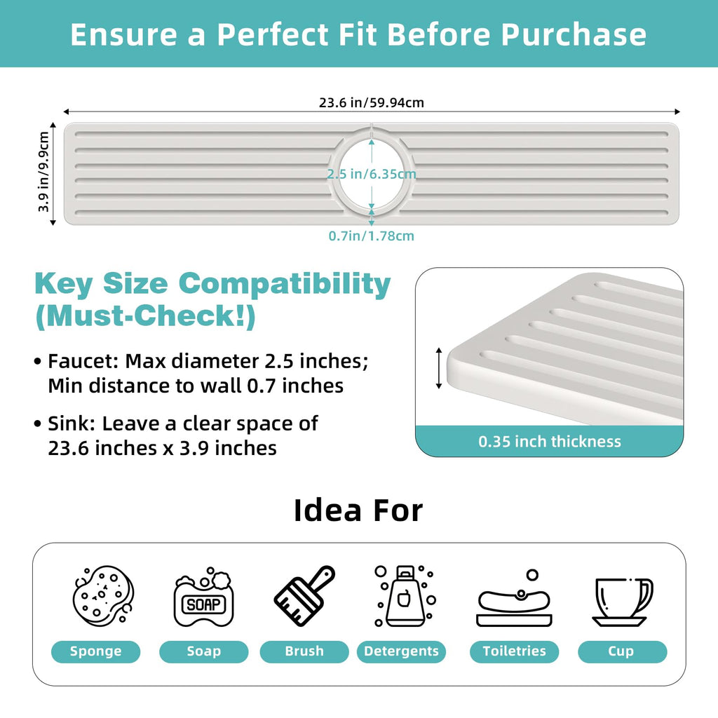 Diatomite Faucet Mat for Kitchen Sink with Raised Pads & Cleaning Brush, Super Absorbent Fast Drying Stone Sink Tray, Splash Guard Protector Mat for Bathroom Counter (White, 23.6" x 3.9")