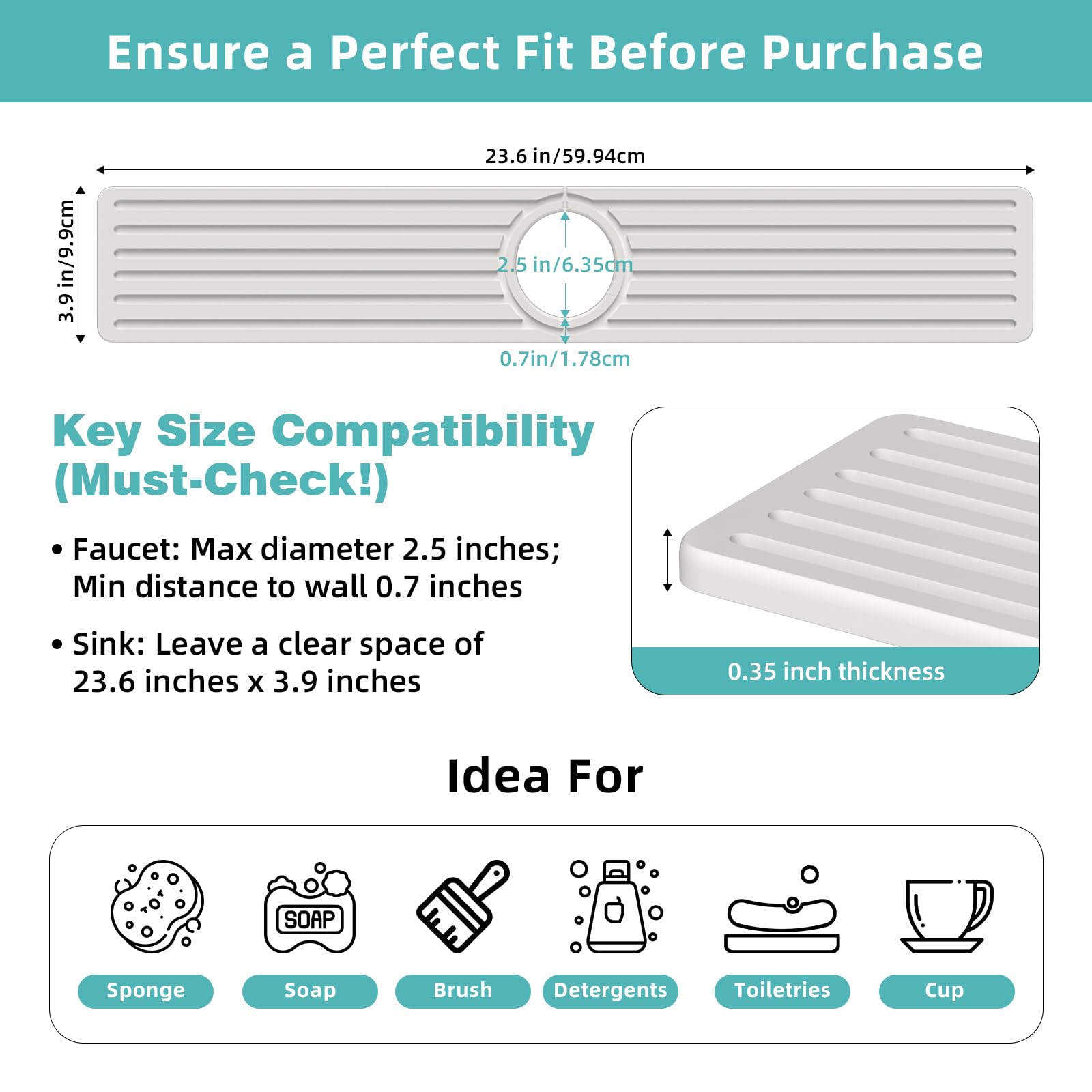 Diatomite Faucet Mat for Kitchen Sink with Raised Pads & Cleaning Brush, Super Absorbent Fast Drying Stone Sink Tray, Splash Guard Protector Mat for Bathroom Counter (White, 23.6" x 3.9")