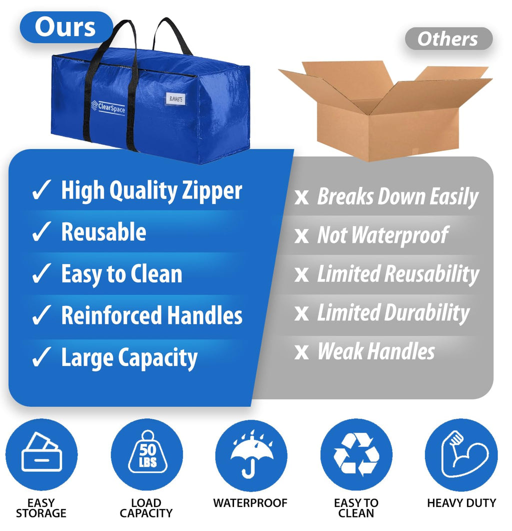 ClearSpace Heavy Duty Moving Bags or Storage Bag, 6 Pack – Large Moving Boxes with Backpack Straps, Zippers & Handles – Perfect for College Dorm, Traveling, Camping, Christmas Decorations