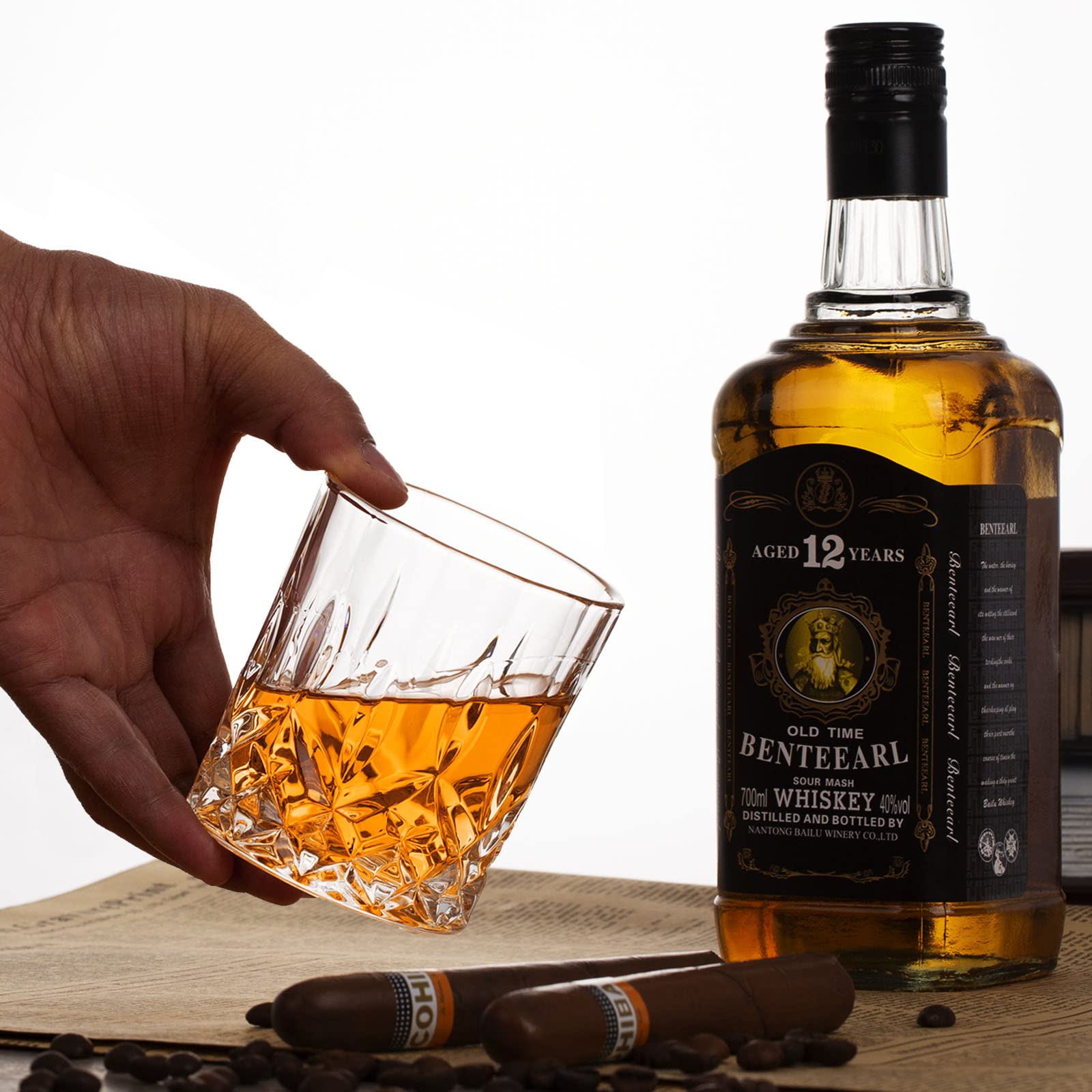 Whiskey Rocks Glass, Set of 4 (2 Crystal Bourbon Glasses, 2 Round Big Ice Ball Molds) in Gift Box - 10 Oz Old Fashioned Glasses for Scotch Cocktail Rum Cognac Vodka Liquor, Unique Gifts for Men