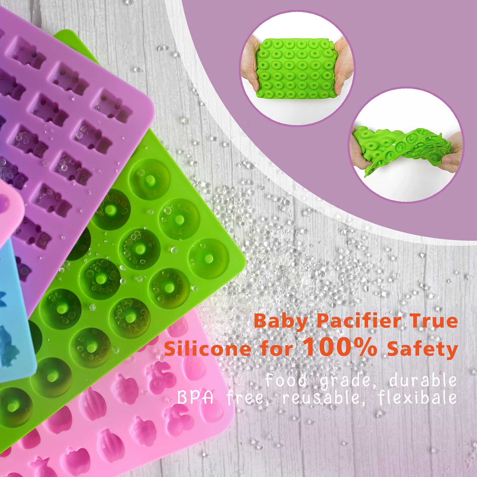 Gummy Bear Molds Silicone 32PCS, Non-Stick Chocolate Candy Mold 18 Shapes for 327 Candies, with 4 Droppers, Clean Brush, Storage Box, 20 Wrappers, Including Dinosaur Mini Donut Fruit Animals Shaped