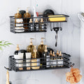 LEVERLOC Shower Caddy Suction Cup, 2 Pack Shower Shelf with Hooks and Soap Holder, NO-Drilling Bathroom Organizer, Rustproof Metal Bathroom Storage and Organization - Black