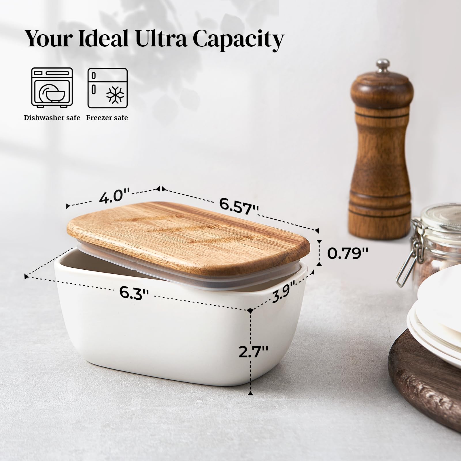 DOWAN Butter Dish, Ceramic Butter Dish with Lid and Butter Holder Container with High-Quality Sealing for Countertop, Large Butter Dishes Holds up to 3 Sticks, White Butter Keeper