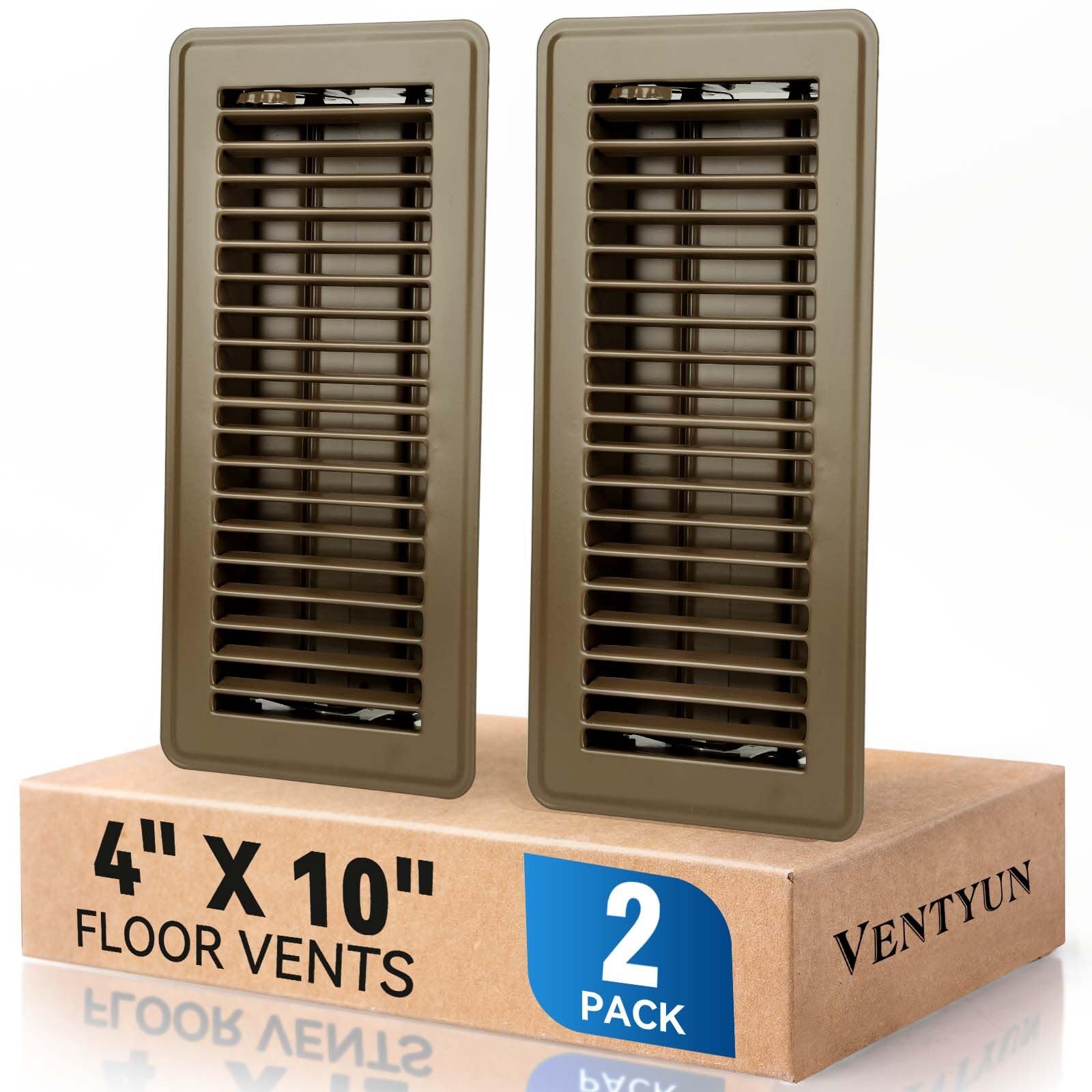 4" x 10" Floor Register Vent Covers 2-Pack, Walkable Powder-Coated Metal Vent Covers with Adjustable Airflow, Curved Safe Edges for Floor/Wall, Brown