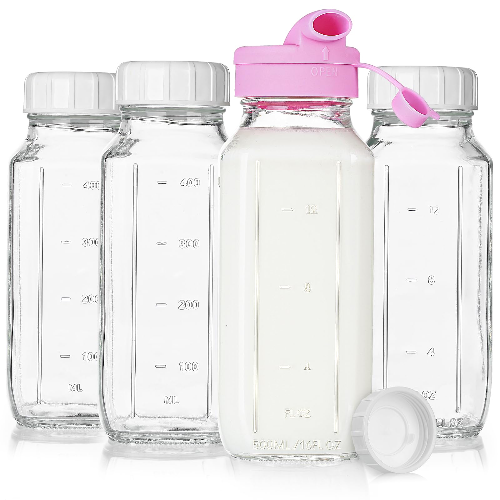 4 Pack 16 Oz Square Glass Bottles with A Silicone Dispenser Cap, Juice Bottles with Airtight Screw Lid, Glass Water Bottles with Capacity Marks, Milk Container for Fridge