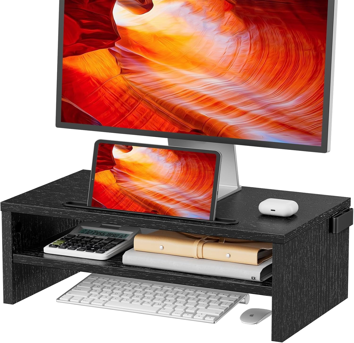 LORYERGO Monitor Stand, Monitor Riser, 2 Tier Computer Stand, Monitor Stand Riser w/Cellphone Holder & Storage Space, Desk Stand 16.5 inch for Laptop, Printer, PC, for Home & Office -LEMS09