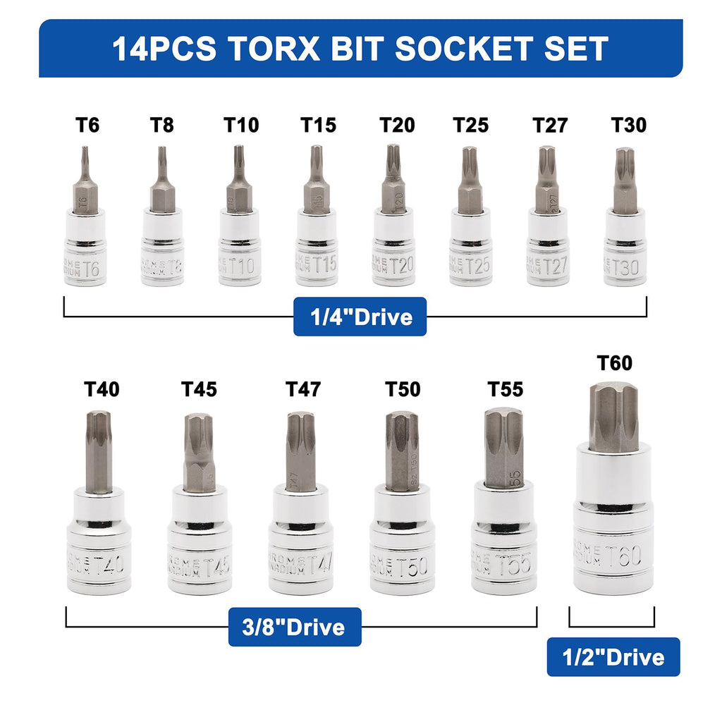 Mayouko 14PCS Torx Bit Socket Set, T6-T60, 1/4-Inch, 3/8-Inch and 1/2-Inch Drive, S2 and Cr-V Steel, Star Bits Socket Set