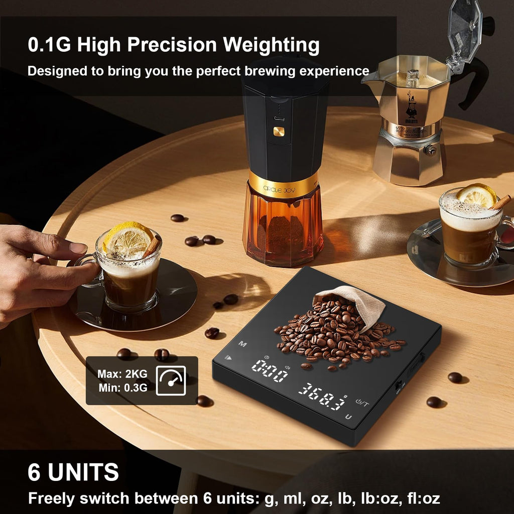 Diyife Mini Coffee Scale with Timer, [0.1g-2kg] Rechargeable Espresso Scale with 6 Units, High Temperature Resistant Glass Panel, Portable Kitchen Scale for Espresso and Pour-Over Coffee, Auto Timing