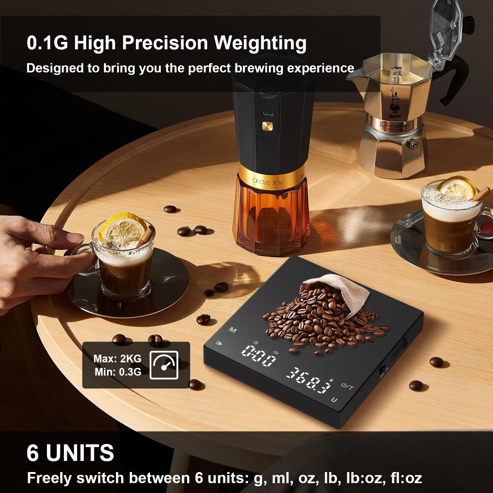 Diyife Mini Coffee Scale with Timer, [0.1g-2kg] Rechargeable Espresso Scale with 6 Units, High Temperature Resistant Glass Panel, Portable Kitchen Scale for Espresso and Pour-Over Coffee, Auto Timing