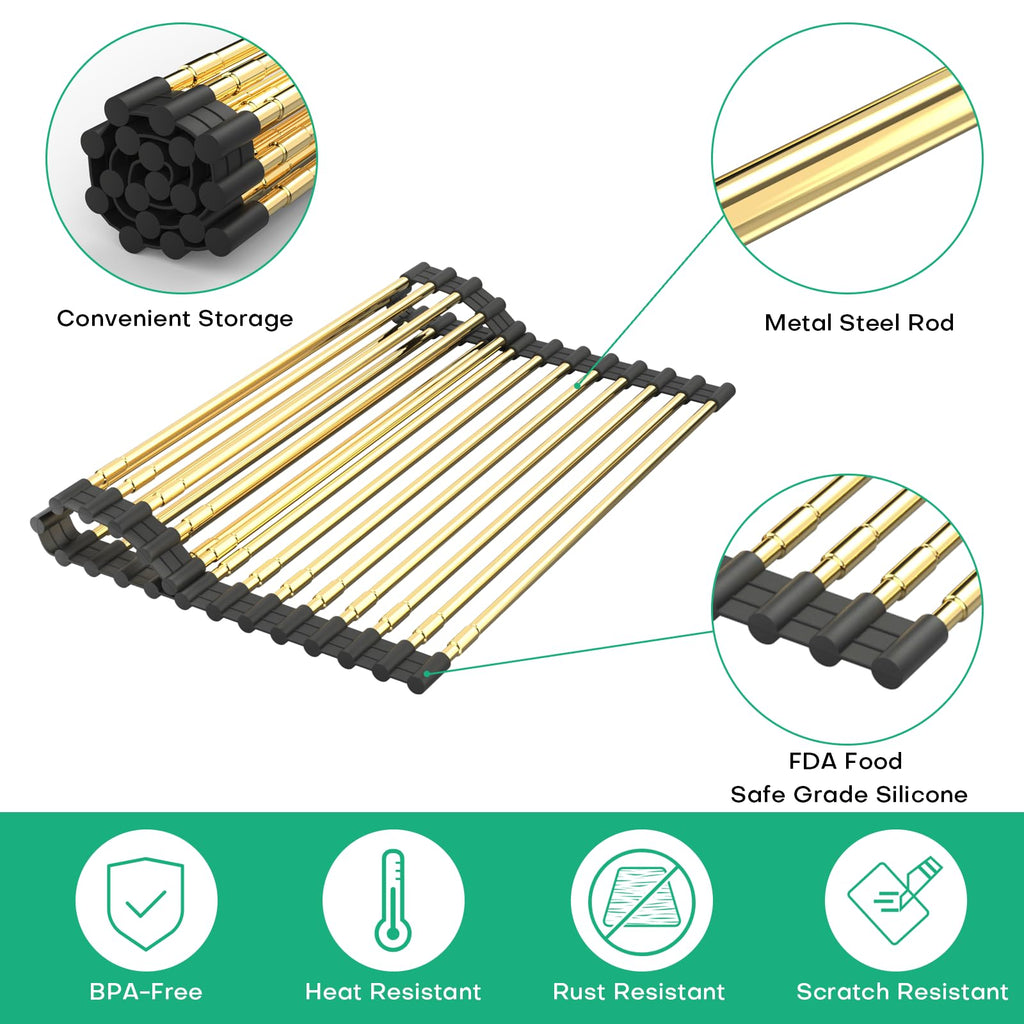 ARAINY Large Telescopic Draining Rack, Roll Up Heat-Resistant Dish Drainer for Stainless Steel Sinks, Non-Slip Silicone Rolling Dish Drainer Roll Rack Gold 18 tube12.59-21.25x12.79''