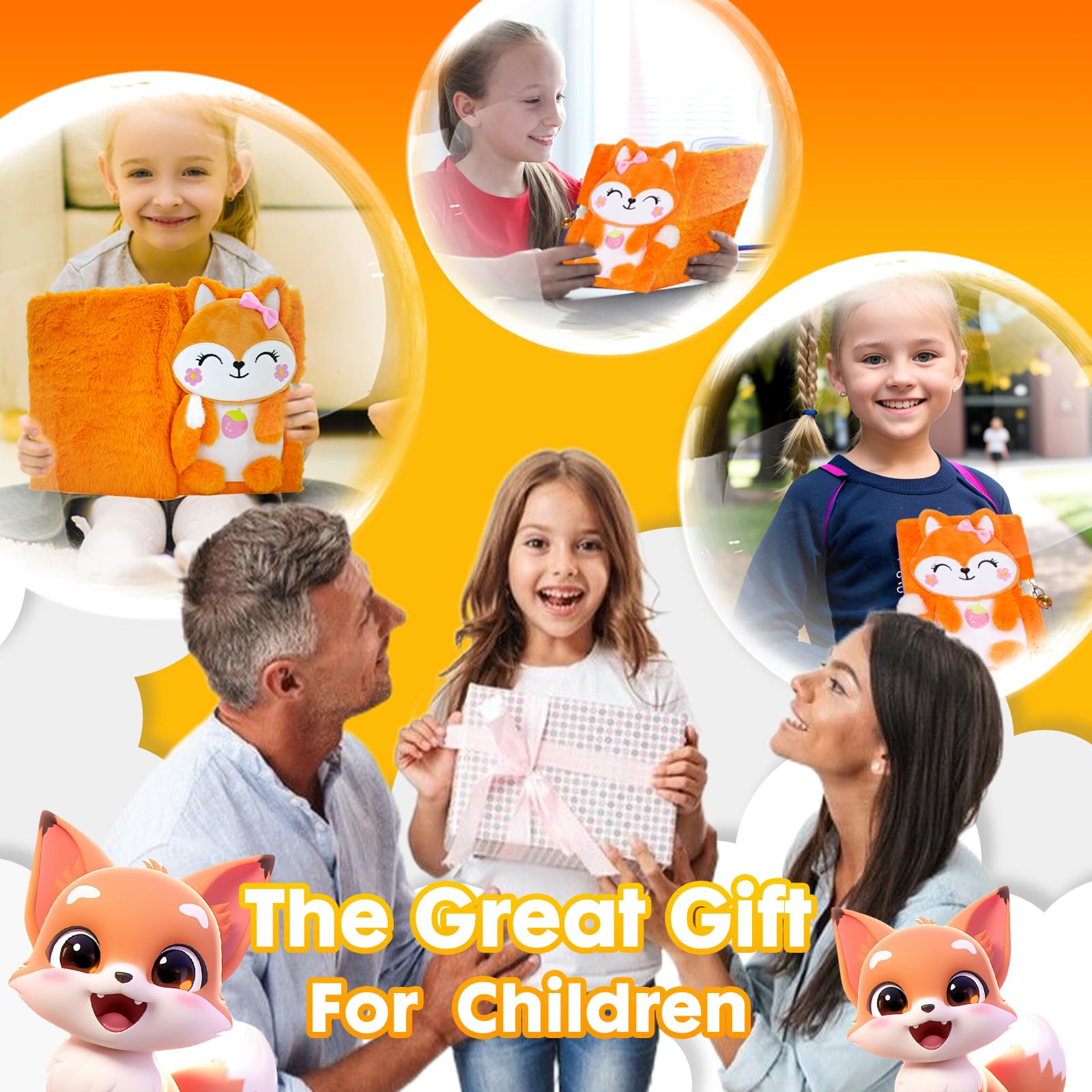 Fox Diary for Girls with Lock, Plush Fox Toys Gift for Teen Girls, Kids Fox Writing Journal Notebook, Birthday Gifts for Little Girls Ages 5 6 7 8 9 10-12 Year Old