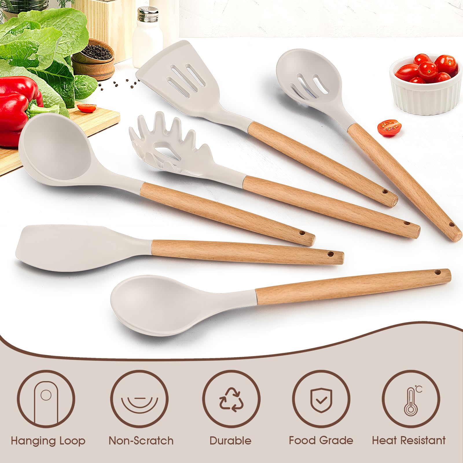 E-far Cooking Utensils Set of 6, Silicone Kitchen Utensils with Wooden Handle, Non-stick Cookware Friendly & Heat Resistant, Includes Spatula/Ladle/Slotted Turner/Serving Spoon/Spaghetti Server(Khaki)