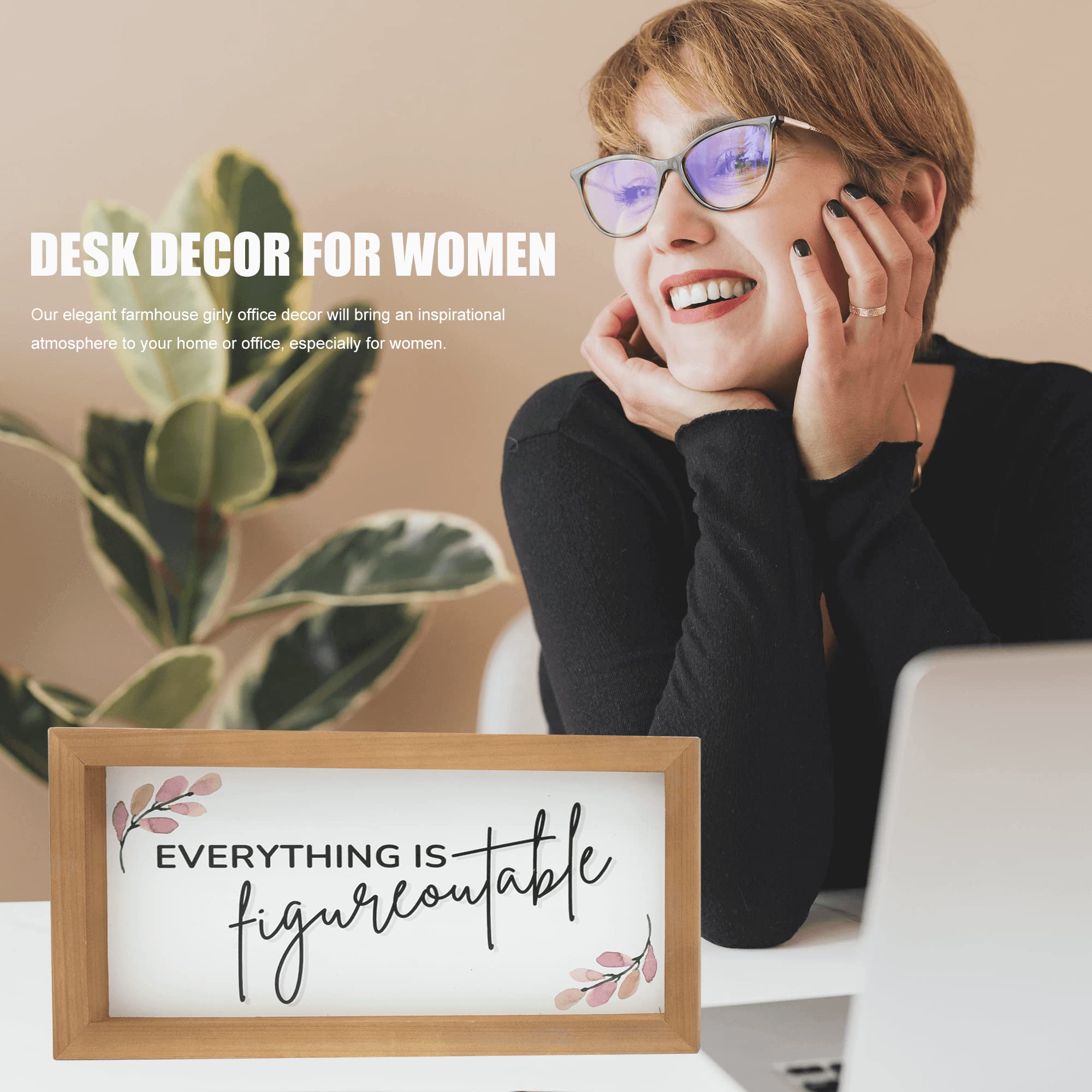 Everything is Figureoutable Sign, Office Decor for Women, Desk Decorations for Women office, Inspirational Farmhouse Cubicle Decor, Office Accessories, Office Wall Decor, Framed,12x6 Inches