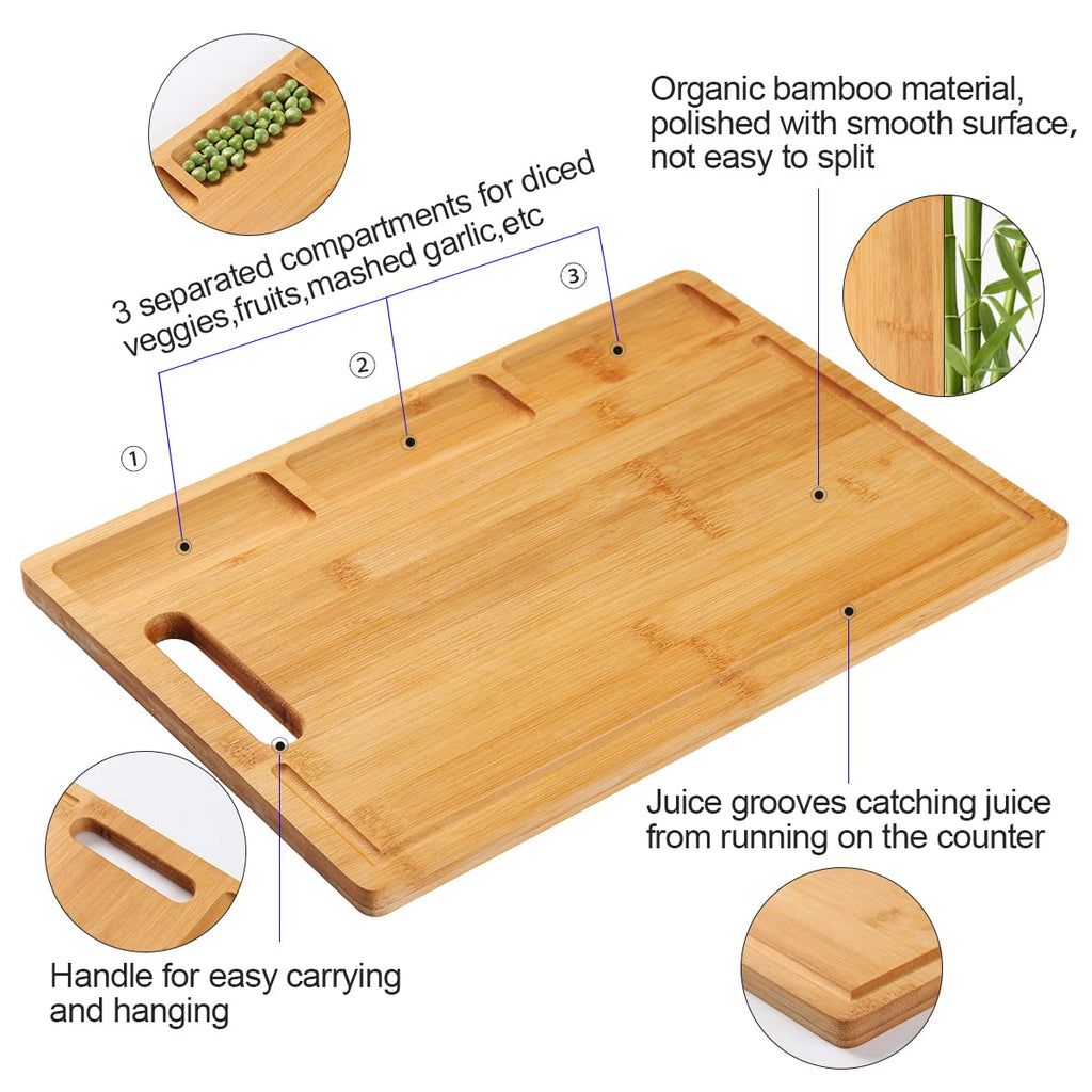 NIUXX Bamboo Cutting Board for Kitchen, Reversible Chopping Board with 3 Built-in Compartments and Juice Grooves, Large Chopping Tray 43 x 32 x 2 cm, Meats Vegetable Bread Fruits Board