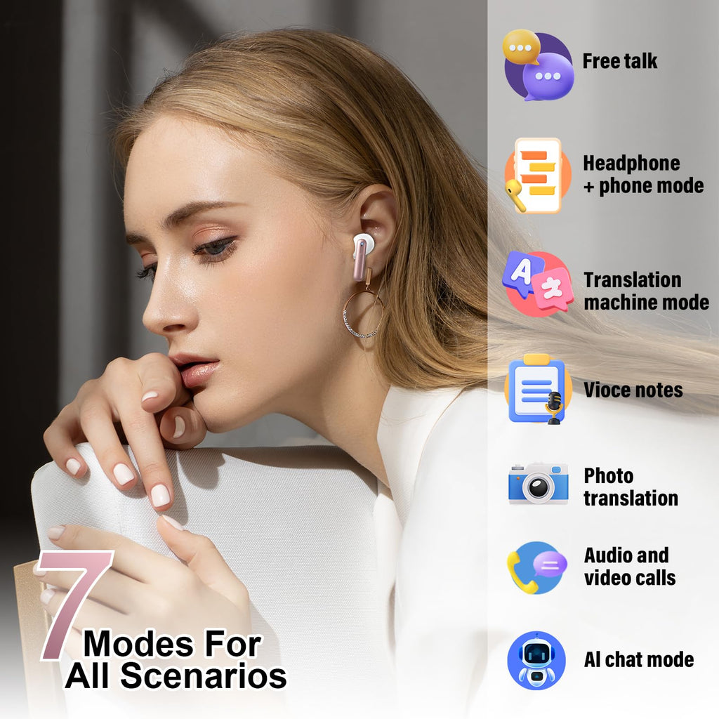 Ai Translation Earbuds Real Time with Audio and Video Calls, 3-in-1 Buletooth 5.4 Translator Earbuds, 164 Languages Translator Earphones, 6 Translation Modes Ear Buds, 42H Translation Headphones Rose