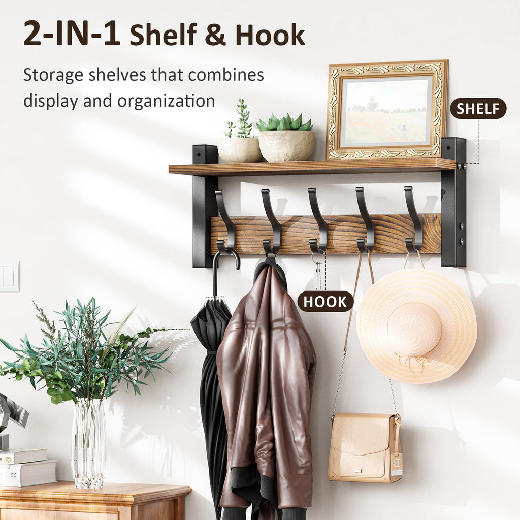 Coat Rack Wall Mount with Shelf, 17.1 Inch Coat Hanger Walls Mounted, Hat Rack for Walls, Shelf with 5 Coat Hooks, Wall Hanger for Entryway (Brown)