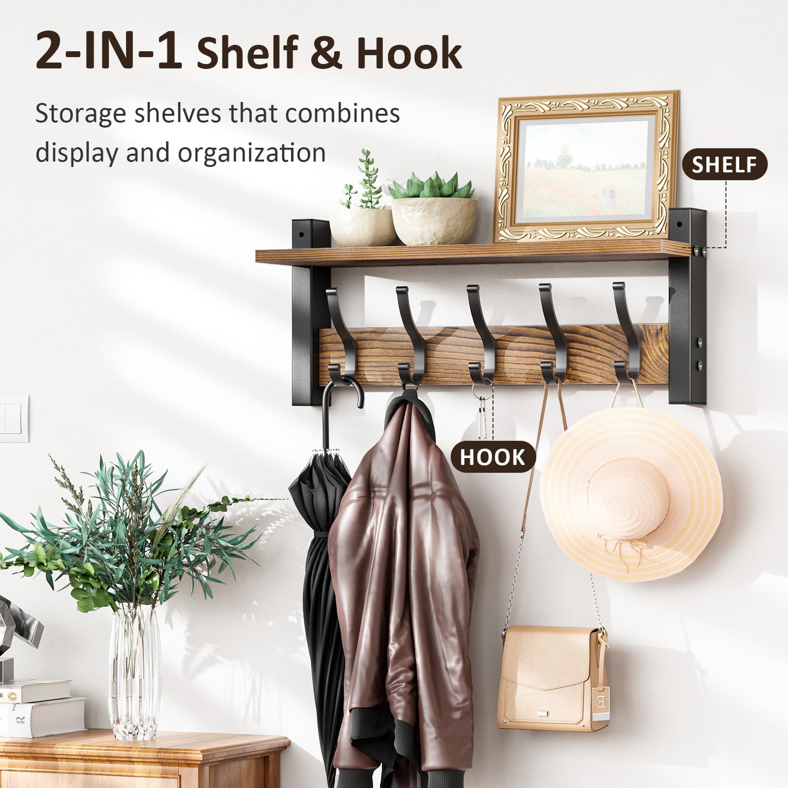 Coat Rack Wall Mount with Shelf, 17.1 Inch Coat Hanger Walls Mounted, Hat Rack for Walls, Shelf with 5 Coat Hooks, Wall Hanger for Entryway (Brown)
