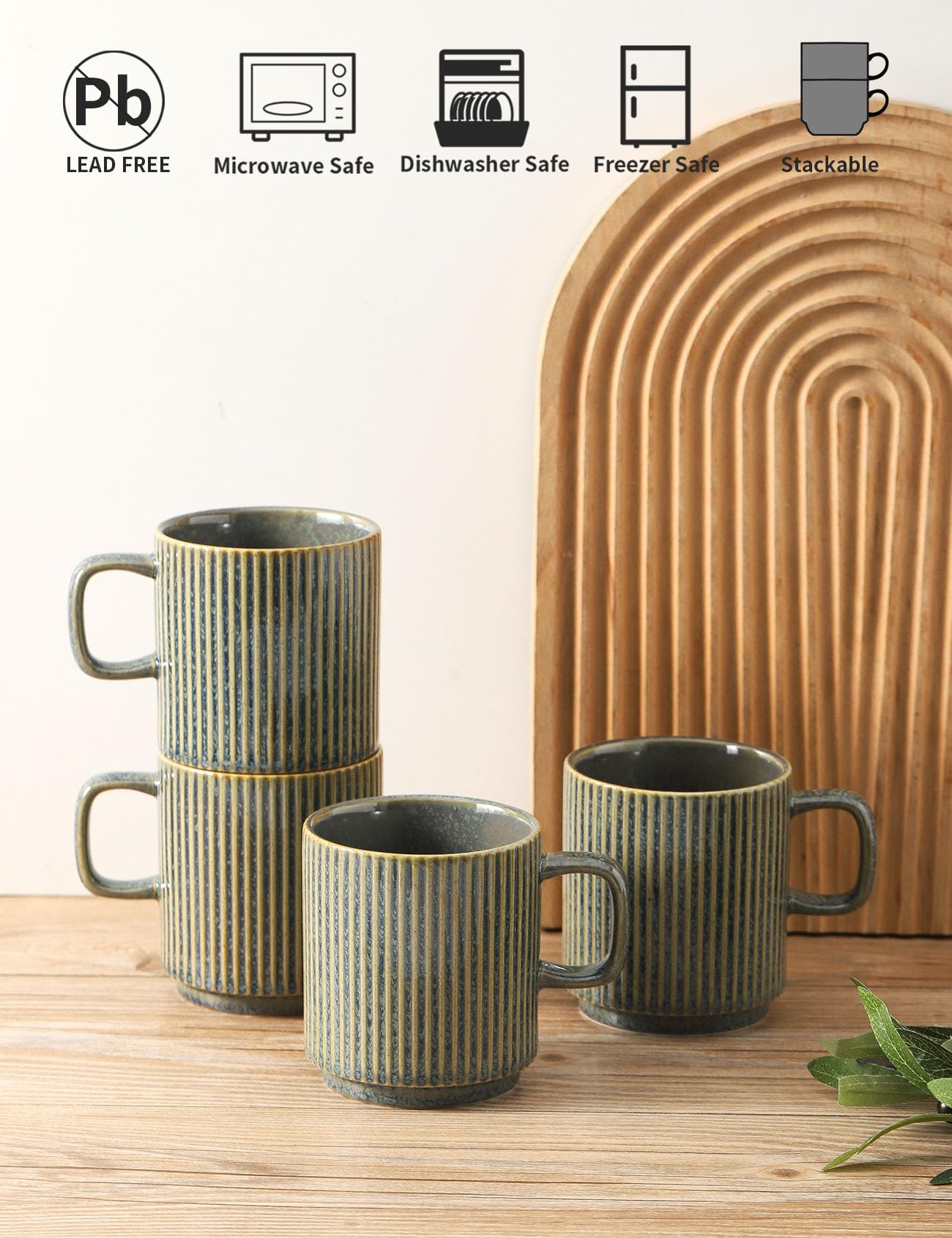 Seyatoo Coffee Mugs Set of 4, Ceramic Ribbed Tea Coffee Cups with Handle, Large Porcelain Mug for Americano, Latte, Cappuccino, Hot Chocolate, Green