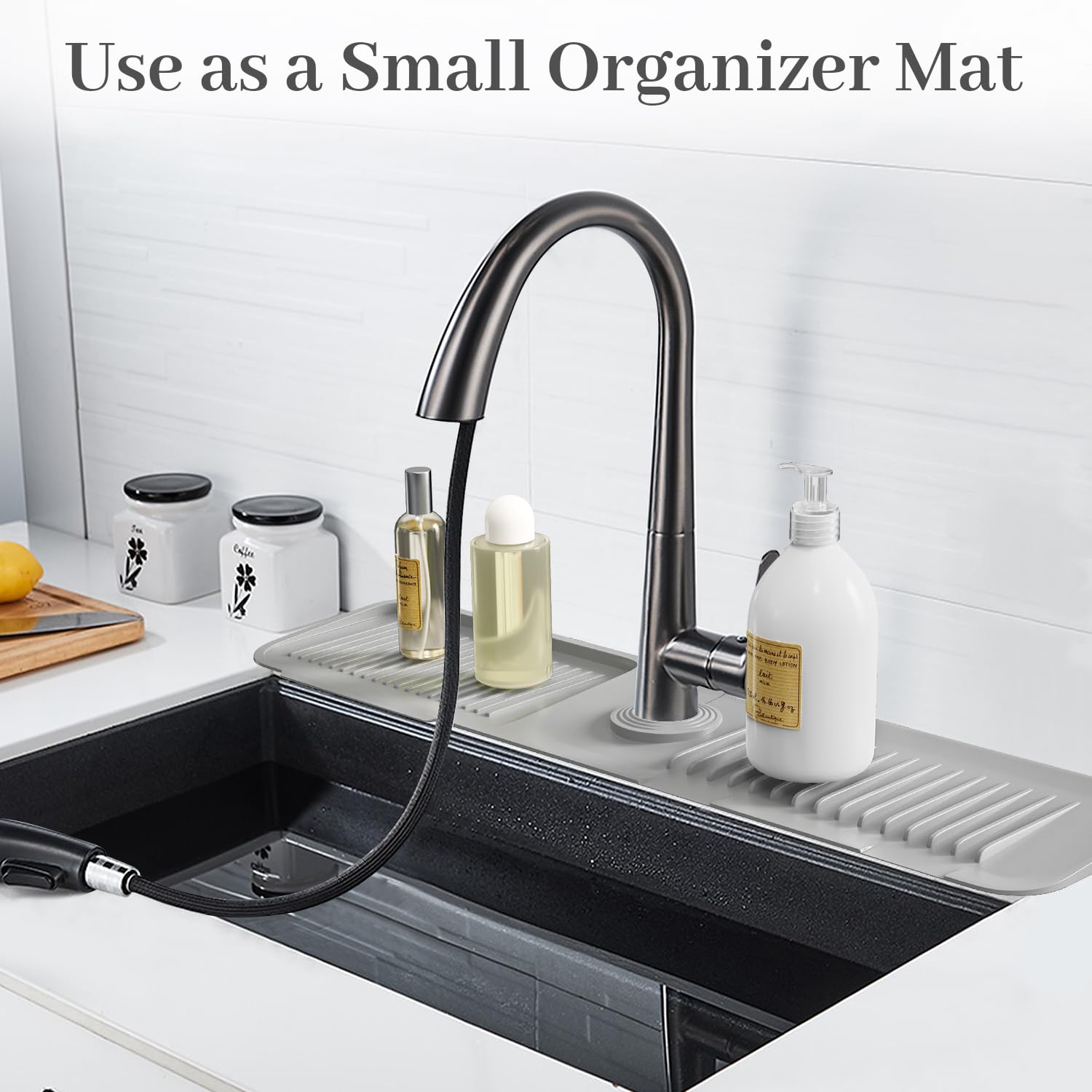 PoYang 24 inch Kitchen Sink Splash Guard, Silicone Draining Mat for Sink Longer Silicone Faucet Drainer Pad, Sink Protector for Kitchen Sink Mat, Sponge Holder for Kitchen Sink Accessories, Light Grey