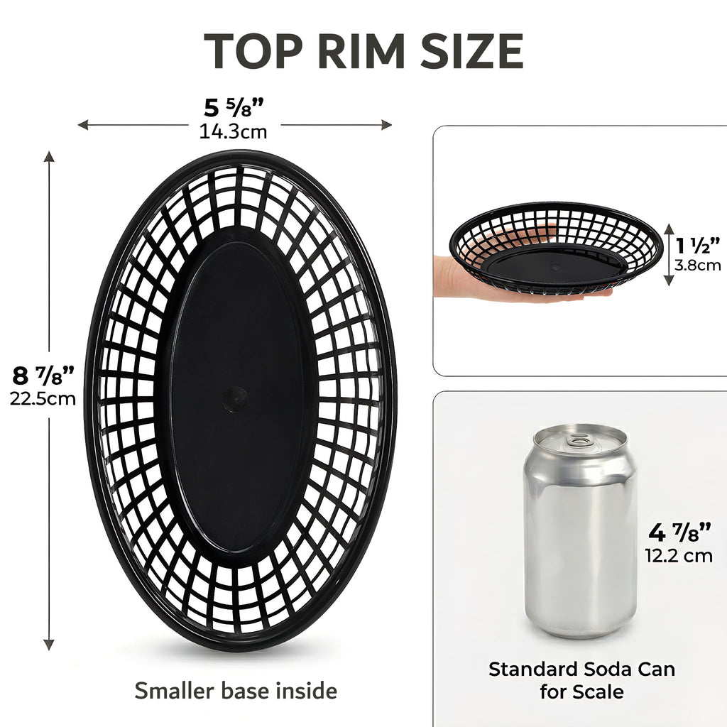Kingrol 50 Pack Black Oval Fast Food Baskets, Food Serving Tray for Sandwiches, Burgers, Nachos, Fries, Hot Corn Dogs, Plastic Storage Basket Bin, 8-7/8 x 5-5/8 Inches
